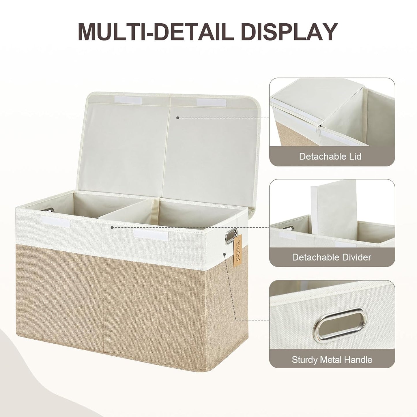 Large Toy Box with Flip-Top Lid, Collapsible Storage Organizer Bins with Dividers and Handles, Kids Bin Chest Baskets for Toys, Playroom Organizers, Nursery 25"x13" x16" (Beige & White)