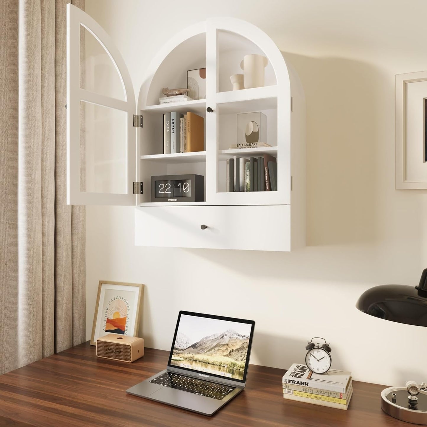 BLANKSPACE Bathroom Curved Wall Cabinet with Drawer, Over The Toilet Organizer for Bathroom White Storage Cabinet with Glass Door and Soft Closing
