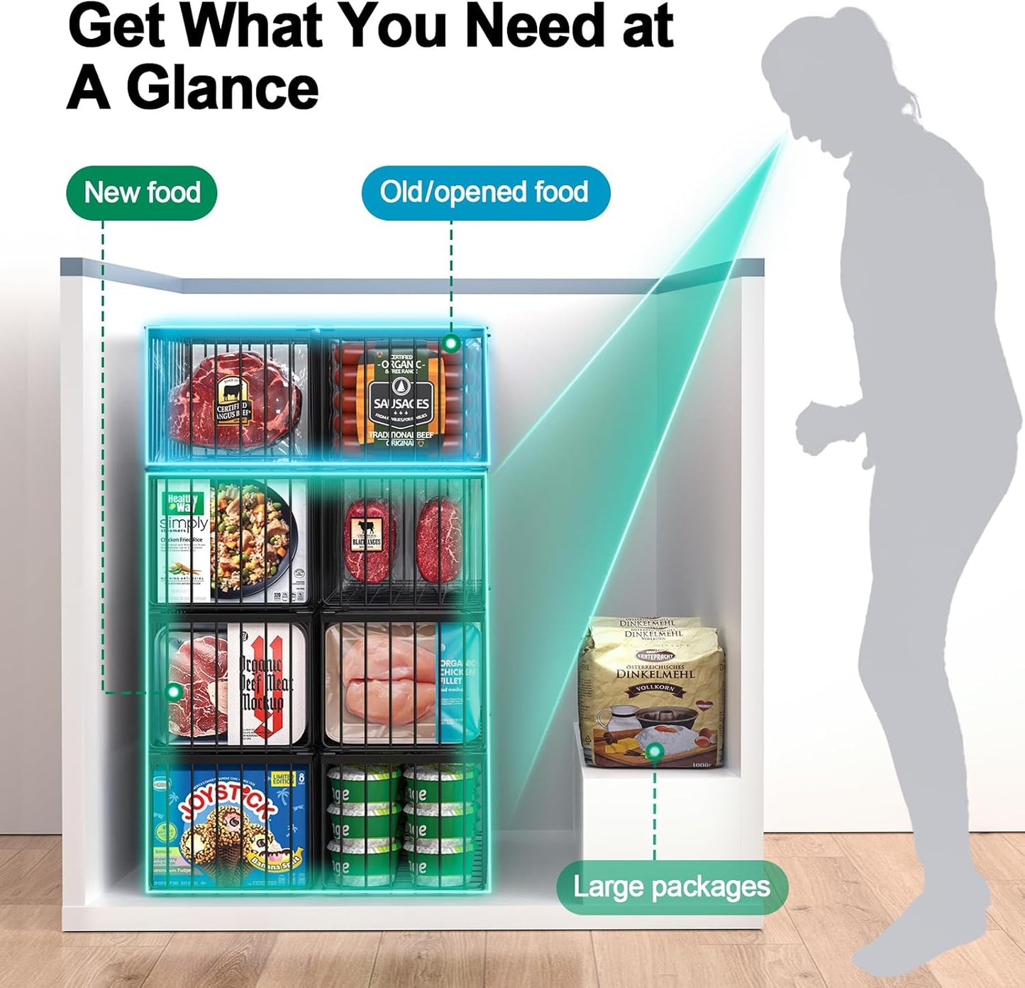 Freezer Organizer Bins, 2 Pack Stackable Deep Chest Freezer Organizer Bins, Foldable Freezer Baskets with Handles, Black Freezer Storage Organizer Baskets for 5/ 7 Cu.FT Sort Frozen Meats