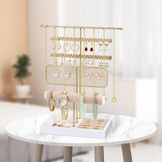 Hyber&Cara 3 Tier Jewelry Display Stand with Tray Jewelry Organizer Gold Jewelry Holder Stand for Bracelet Necklace Earrings Rings