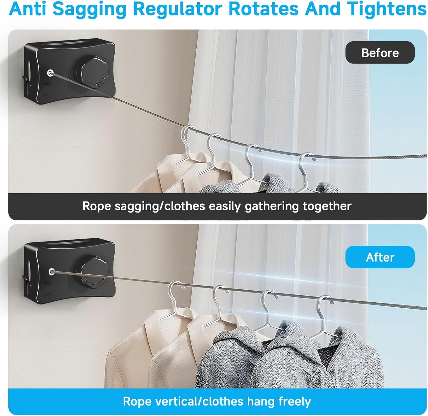 Retractable Outdoor Clothes Line,Heavy Duty Clothes Drying Laundry Line Wall Mounted Stainless Steel Line-16.7 Feets-Black