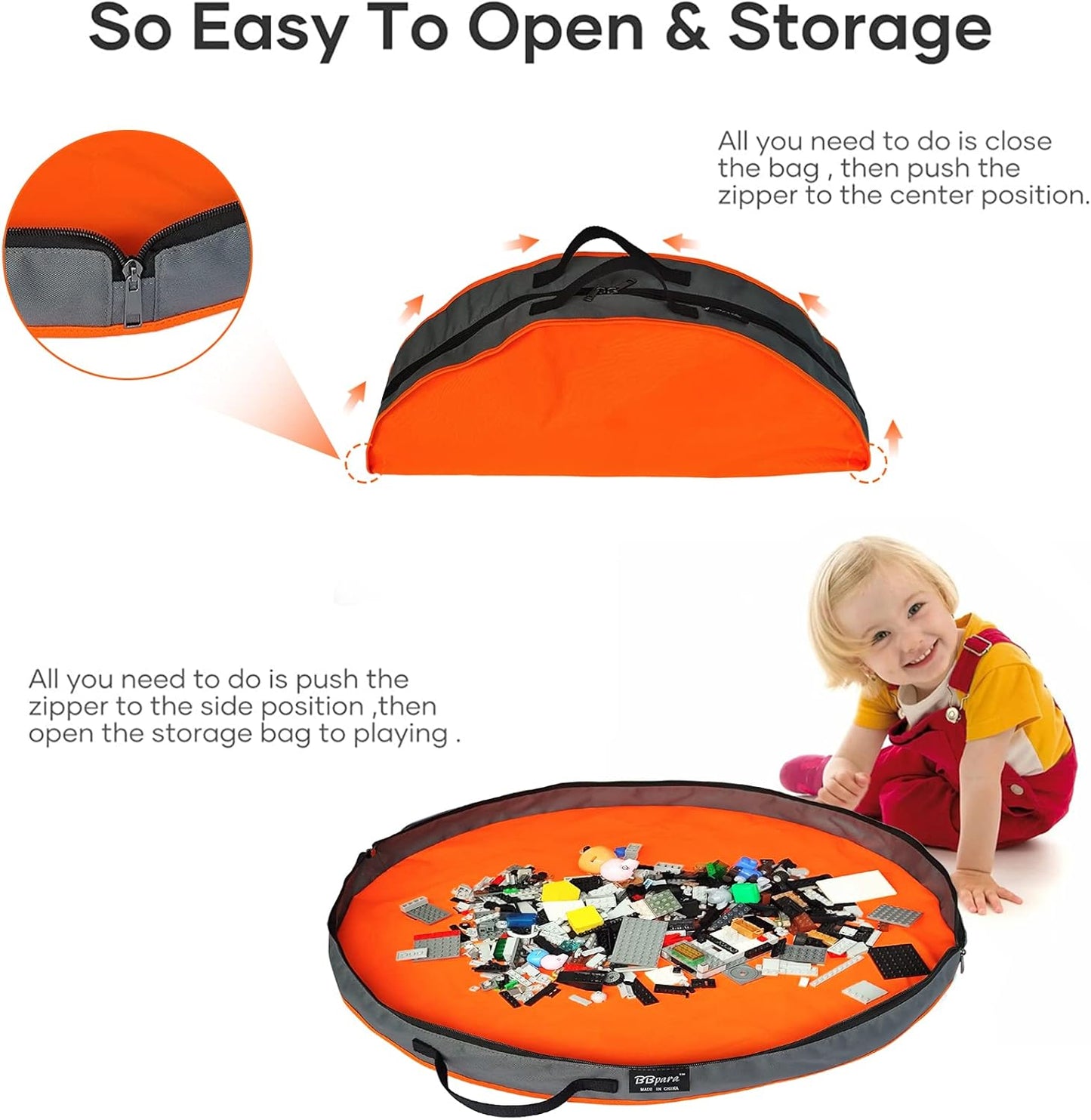 Toy Storage Basket Play Mat for Building Bricks & Blocks - Toy Storage Bags with Zipper - Easy Clean Up to keep the Kids Rooms neat & tidy - Orange