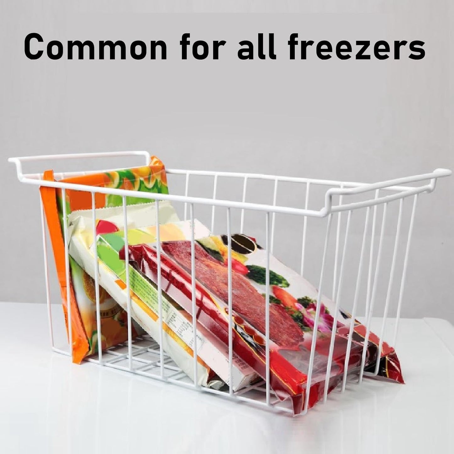 2PCS Freezer Organizer Bins, Steel Wire Freezer Basket with Handles Multifunctional Organizer Bin Stackable Metal Wire Baskets for Cabinet, Pantry, Closet (White)