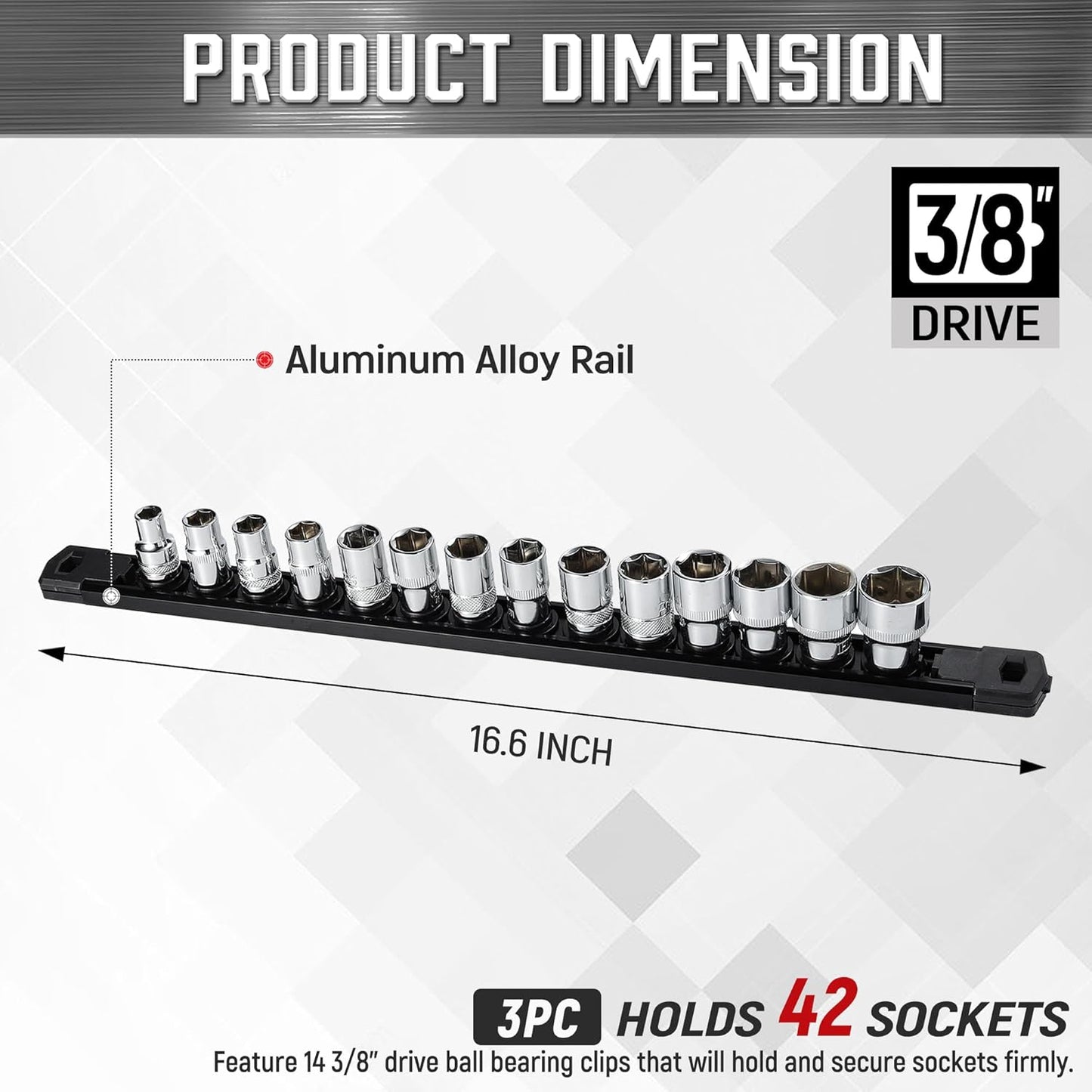 ALOANES 3-Piece Magnetic Socket Organizer, Heavy Duty Aluminum Socket Rails Organizer, 360° Swivel Clips Socket Holder Kit for Tool Box, 3/8-Inch Socket Holder x 42 Clips (Black)
