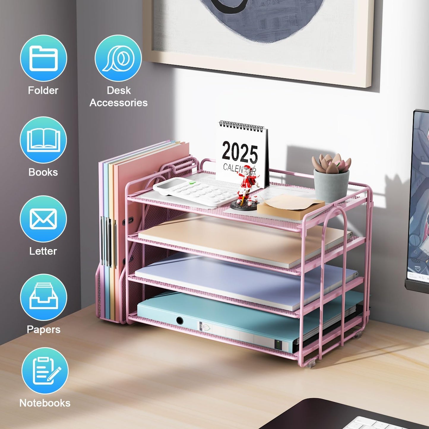 gianotter 4-Tier Paper Organizer With Magazine Holder, Desk Organizers and Accessories, Pink Desk Accessories, File Organizer for Office Supplies Storag(Pink)