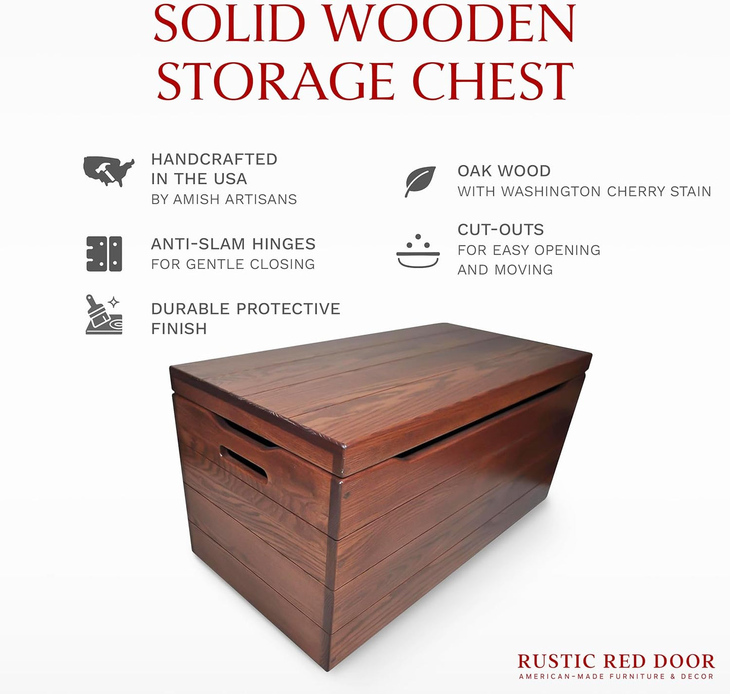 Amish Made Wooden Storage Chest Trunk Box with Lid and Handles for Bedroolanket, Clothes, Anti-Slam Hinges, Handmade, Rustic, Oak Wood, Cherry Stain, 30"