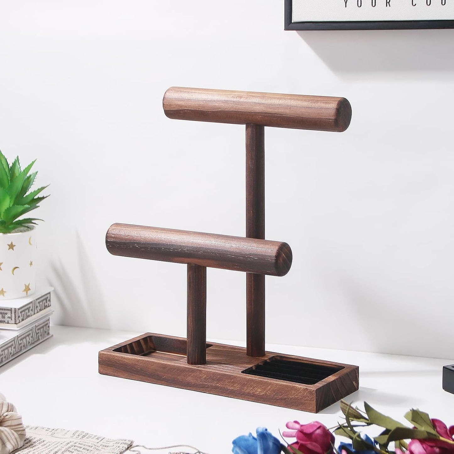 ByKen Necklace Holder,Bracelet Holder,Jewelry Organizer Stand with Earrings Rings Tray,Jewelry Holder for Scrunchie Watches (Wood)