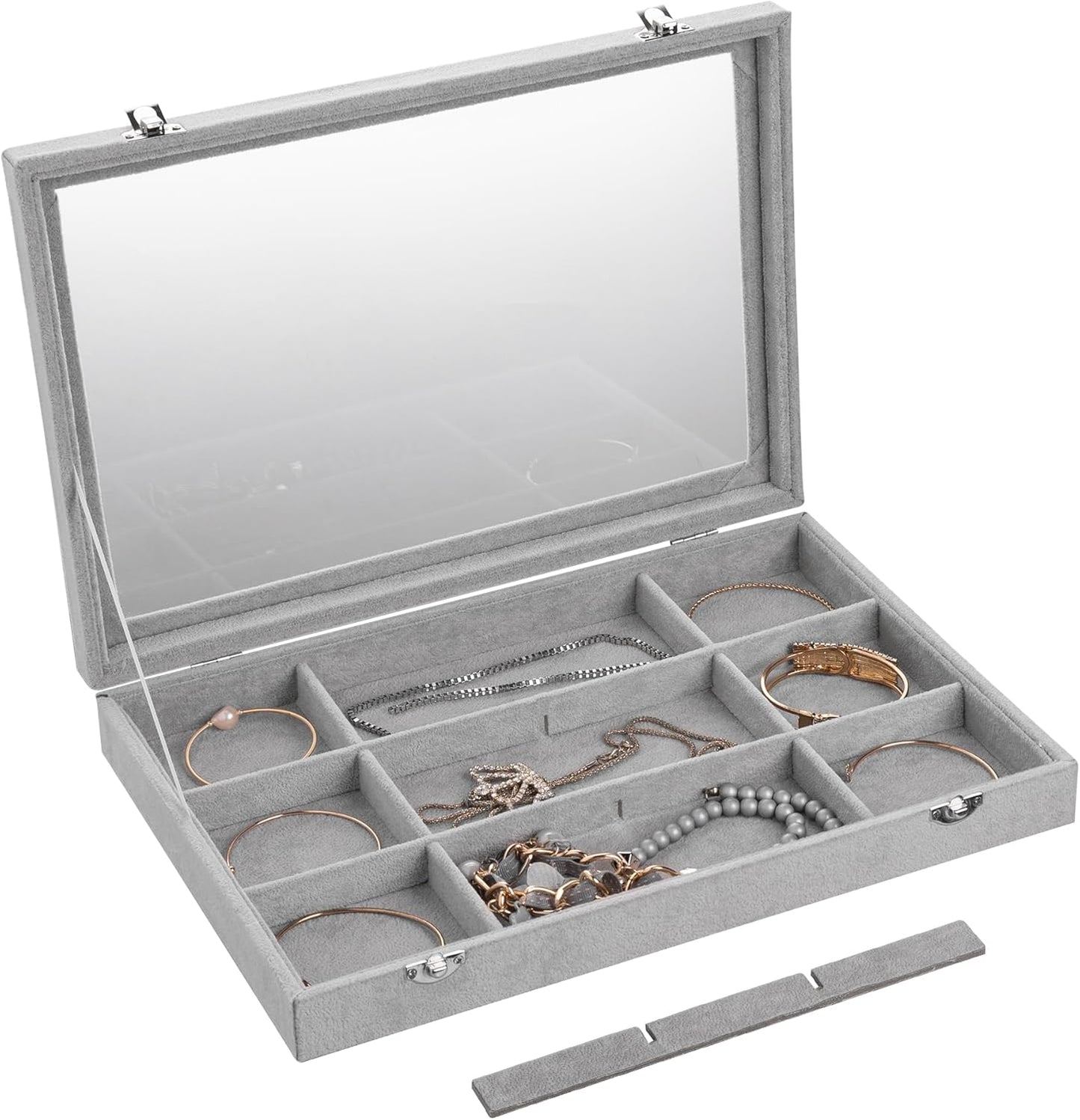 Frebeauty Velvet Jewelry Tray,12 Grid Jewelry Organizer with Clear Lid,Bracelets Holder,Jewelry Display Case with Clasp,Drawer Insert Bangle Brooch,13.8 x 9.5 x 2 Inches,Gift for Women Girls(Grey)