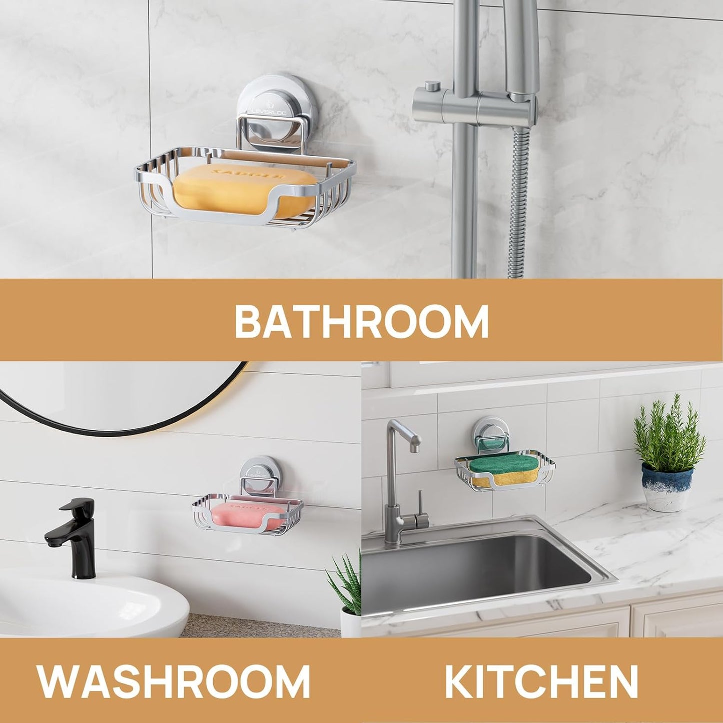 LEVERLOC Soap Dish, Soap Bar Holder for Shower Suction Cup Wall Mounted, Stainless Steel No-Drilling Removable Waterproof Sponge Holder for Bathroom Bathtub Kitchen Sink, Keep Dry, Silver