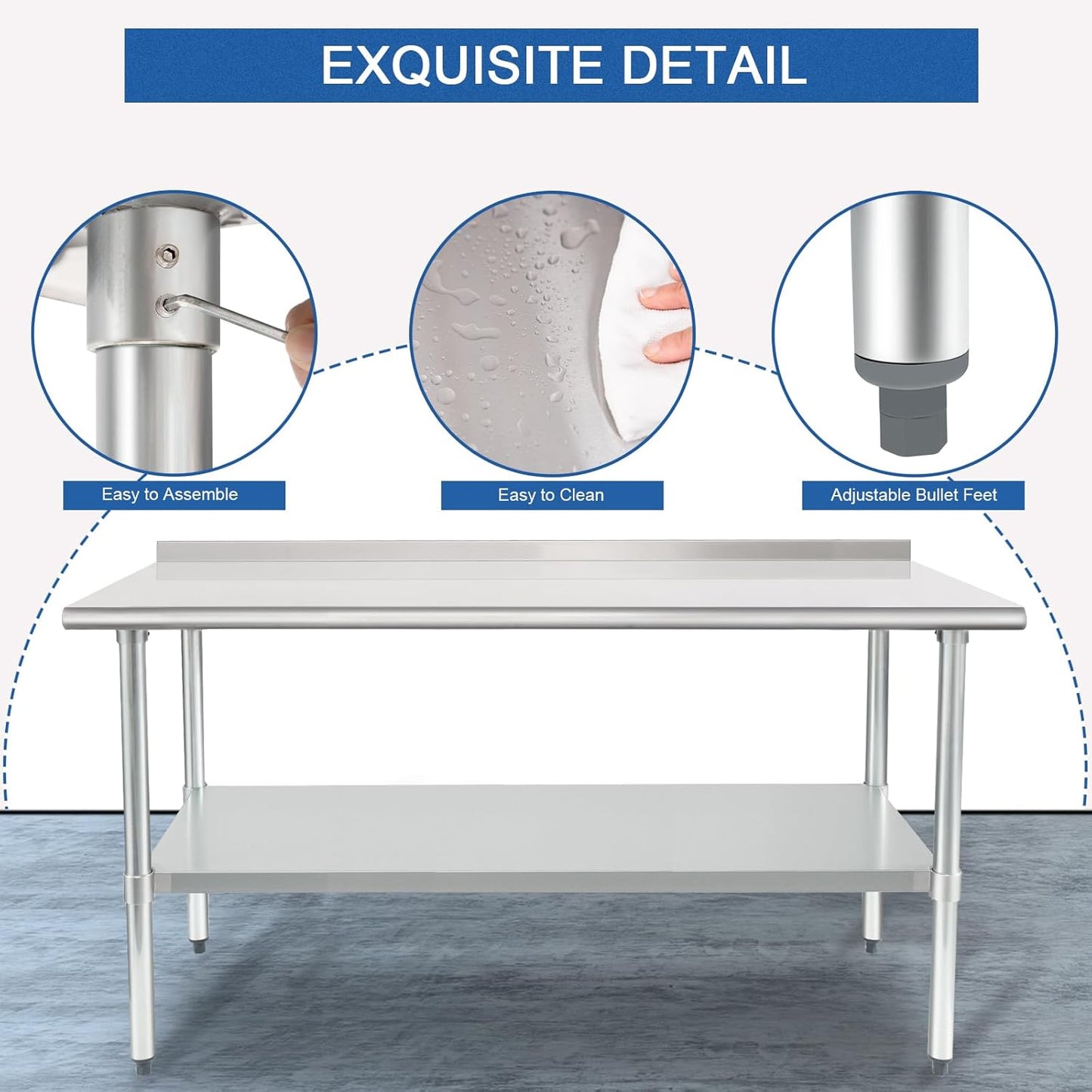 HARDURA Stainless Steel Table Prep & Work Table 24 x 72 Inches NSF Heavy Duty Commercial with Undershelf and Backsplash for Restaurant Kitchen Home and Hotel