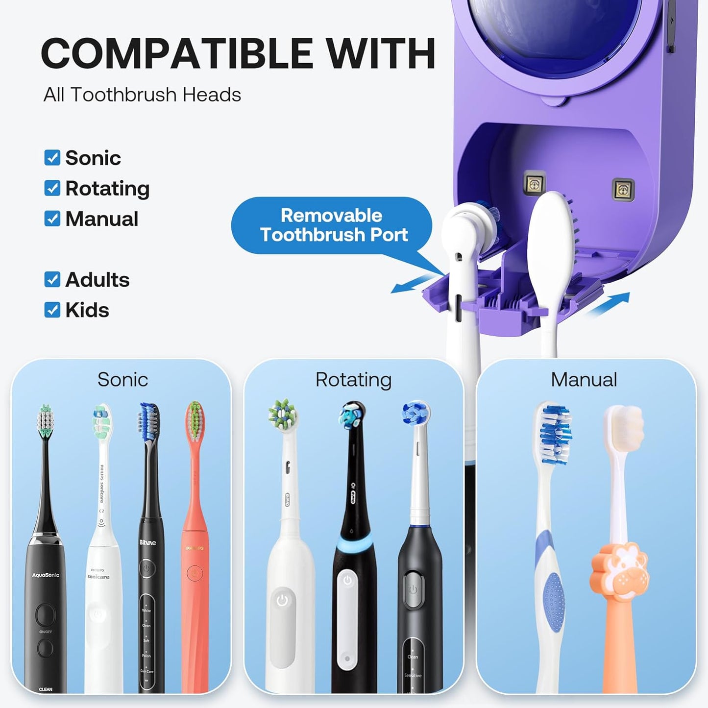 Bitvae Upgraded Tooth Brush Holder for Bathroom 2.0, Infrared Sensing Toothbrush Cleaner, Wall-Mounted for Most Size Toothbrushes, Air Drying, LED Smart Screen, Purple