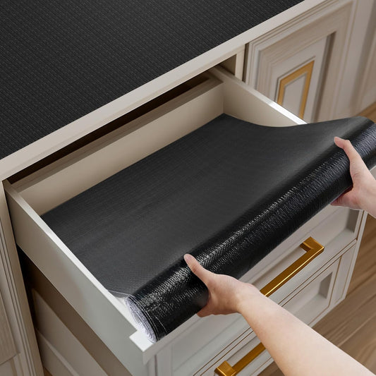 Shelf and Drawer Liner for Kitchen Cabinets Non-Adhesive, Strong Grip Non-Slip Thickened Cabinet Liners for Shelves, Waterproof Mats for Dresser Cupboard, Black, 12 in x 20 Feet