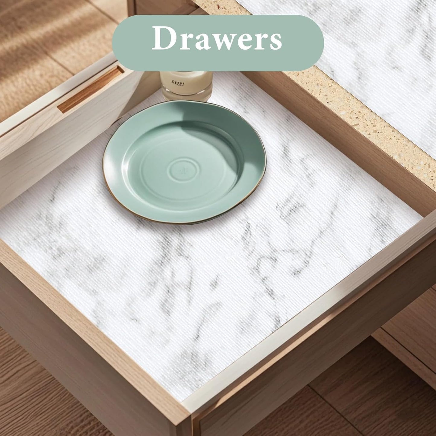 Drawer and Shelf Liner for Kitchen Cabinet: 12 in X 40 Ft Non Slip Waterproof Shelf Paper Non Adhesive Refrigerator Liners White Marble Easy Liners for Bathroom with Knife Tape Measure