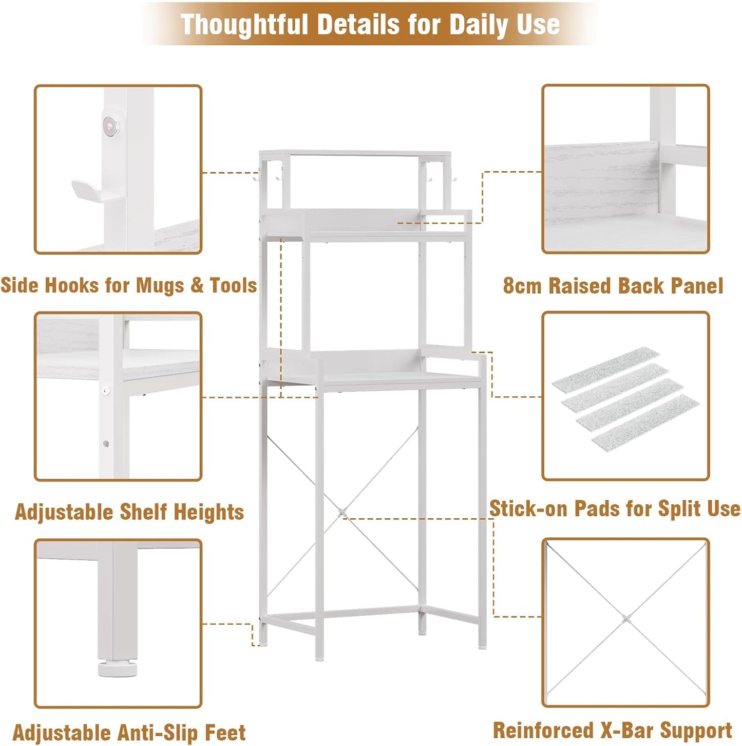 3-Tier Kitchen Bakers Rack with Adjustable Shelves, Freestanding Kitchen Microwave Stand with Storage, Split Design Coffee Bar Shelf for Home Office (White, 25.6")