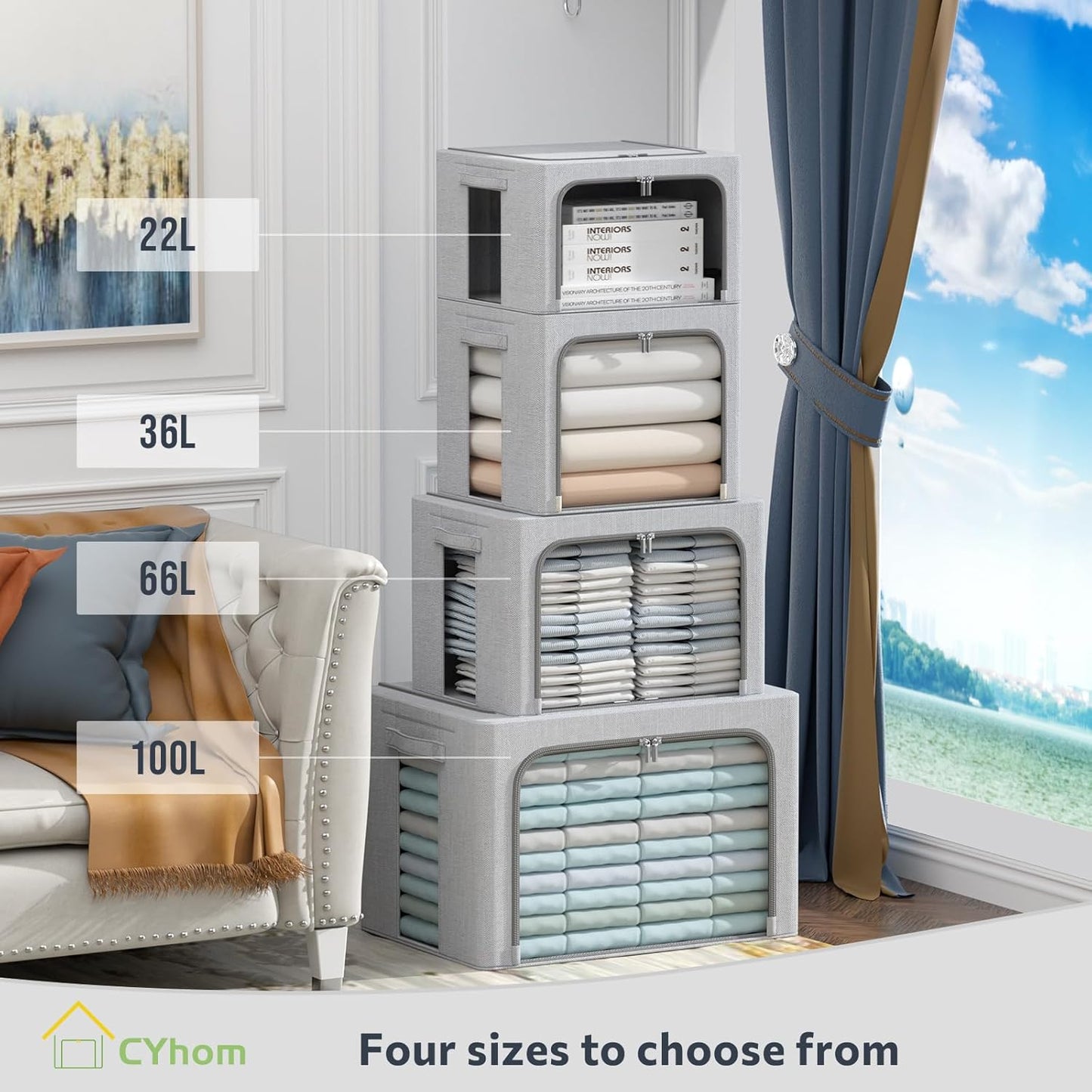 CYhom 2Pack Extra Large Clothes Storage Bins Box - Linen Fabric Foldable Stackable Container Organizer Set with Clear Window & Carry Handles & Metal Frame (Light Grey, Extra Large-100L)