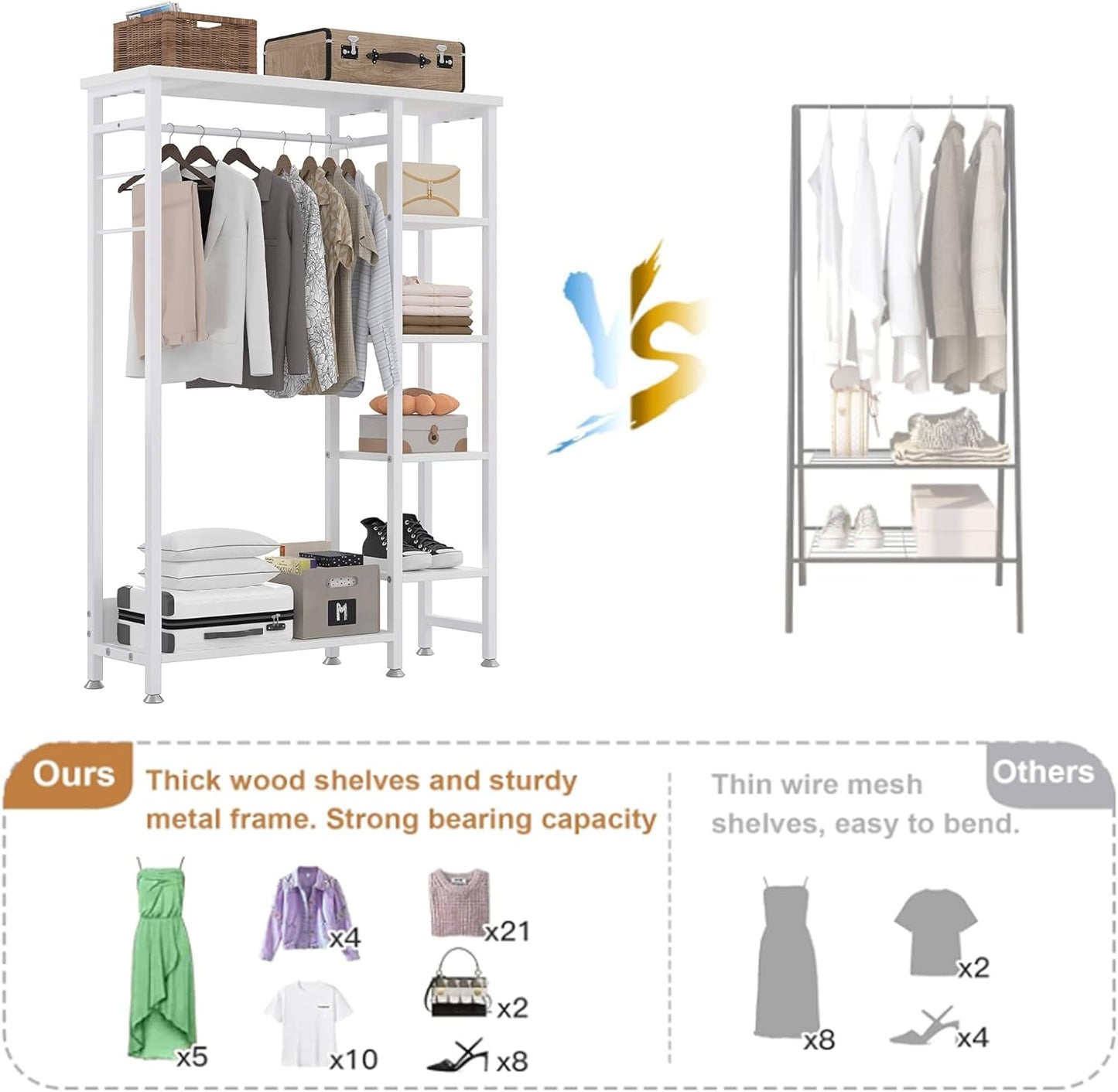 VECELO Open Garment Clothing Rack, Free-Standing Heavy Duty Storage Closet with 5 Shelves and Hanging Rod for Small Spaces, Max Load 350LBS, White