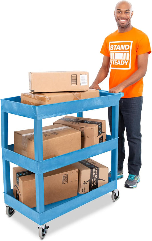 Stand Steady Tubstr 3 Shelf Utility Cart | Made in USA | Heavy Duty Tub Cart Holds Up to 300 lbs. | Storage Cart & Rolling Tool Cart for School, Office, Garage & Warehouse (32 x 24in / Blue)