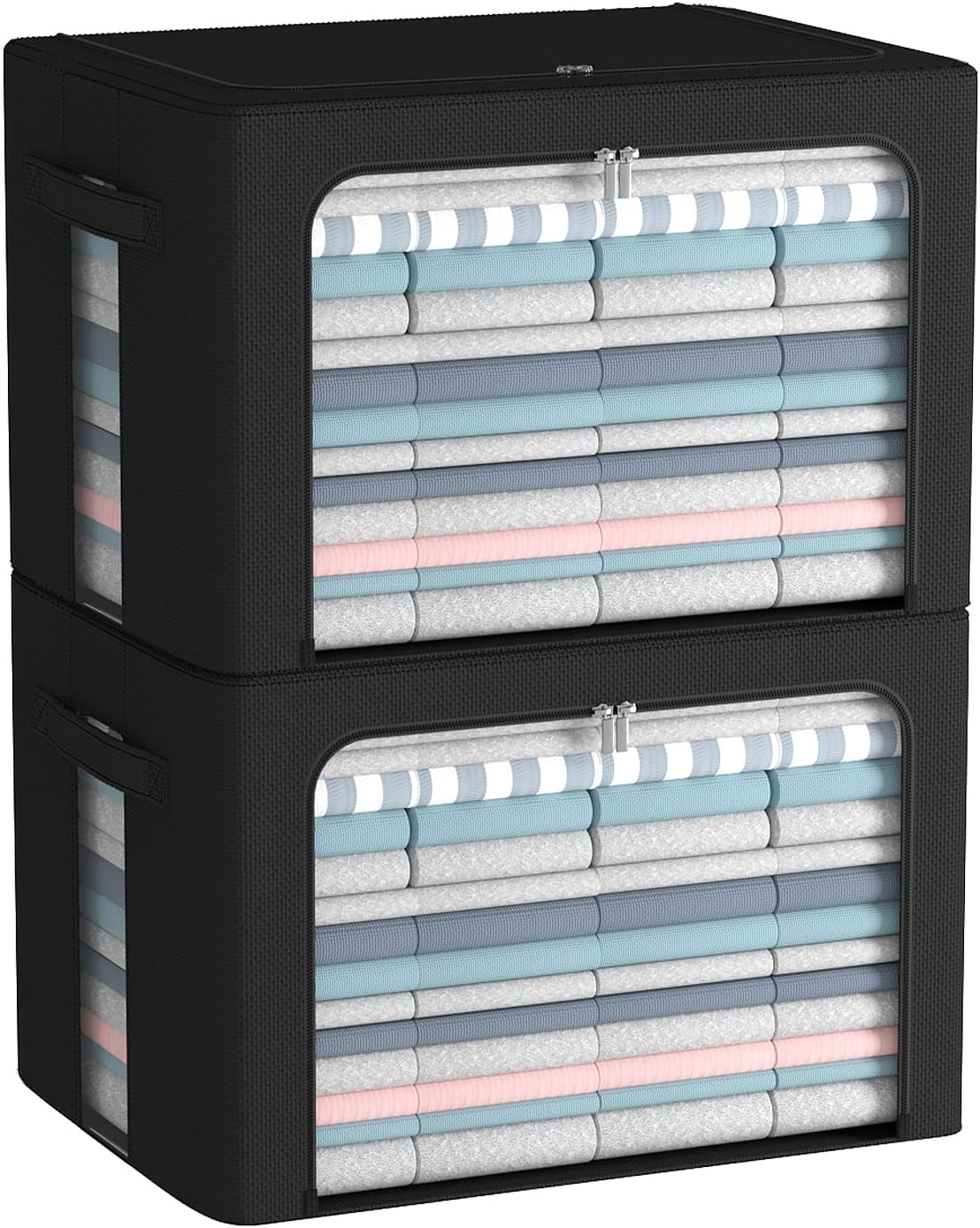 CYhom Clothes Storage Bins Box - Linen Fabric Foldable Stackable Container Organizer Set with Clear Window & Carry Handles & Metal Frame (Black, Large-66L)