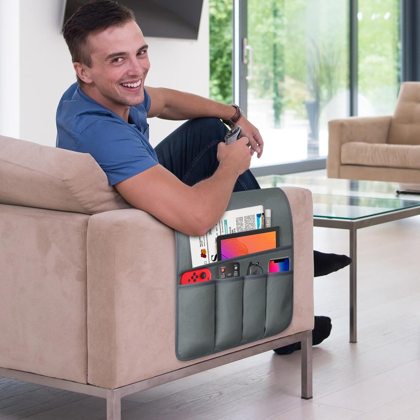 TV Remote Control Holder Couch Caddy, Non-slip Bedside Caddy Organizer with 5 Pockets for Key Glasses Phone Magazine Holders (Gray, 35"x12.4")