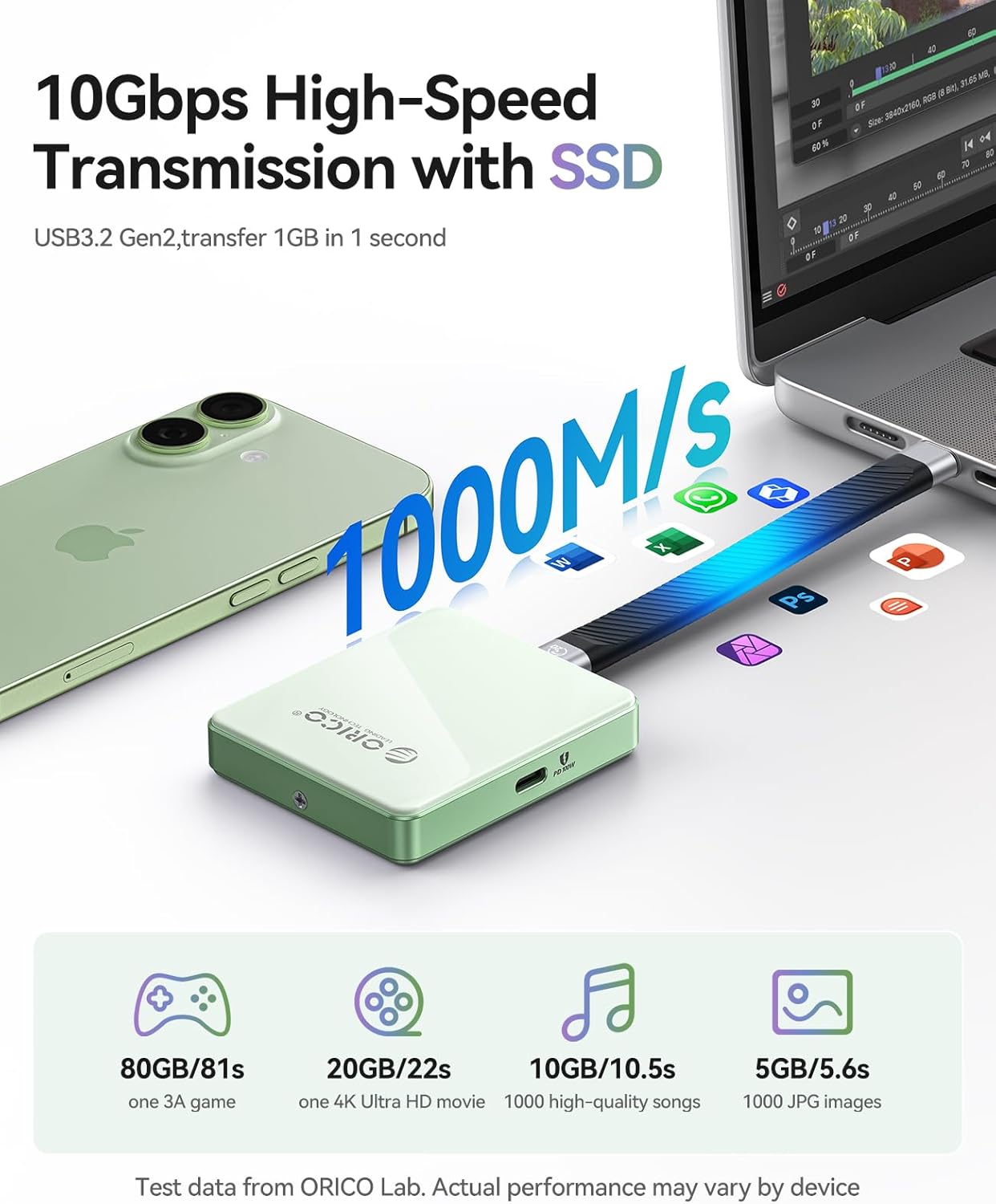 ORICO 10Gbps Magnetic M.2 NVMe SSD Enclosure with PD100W Charging Port 4K ProRes Recording Max 2TB for iPhone 17/16/15 Pro/Pro Max/Plus Support SSD Size 2230/2242 B+M M-Key Diskless AP42P (Black)