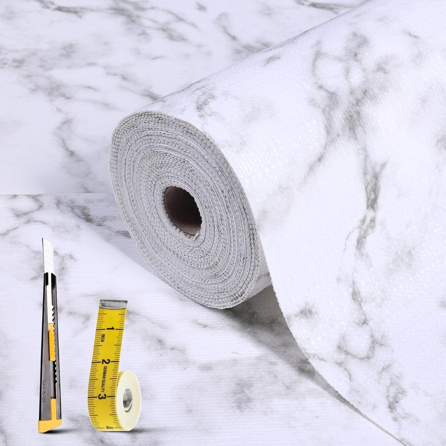 Drawer and Shelf Liner for Kitchen Cabinet: 23.6 in X 30 Ft Non Slip Waterproof Shelf Paper Non Adhesive Refrigerator Liners White Marble Easy Liners for Bathroom with Knife Tape Measure