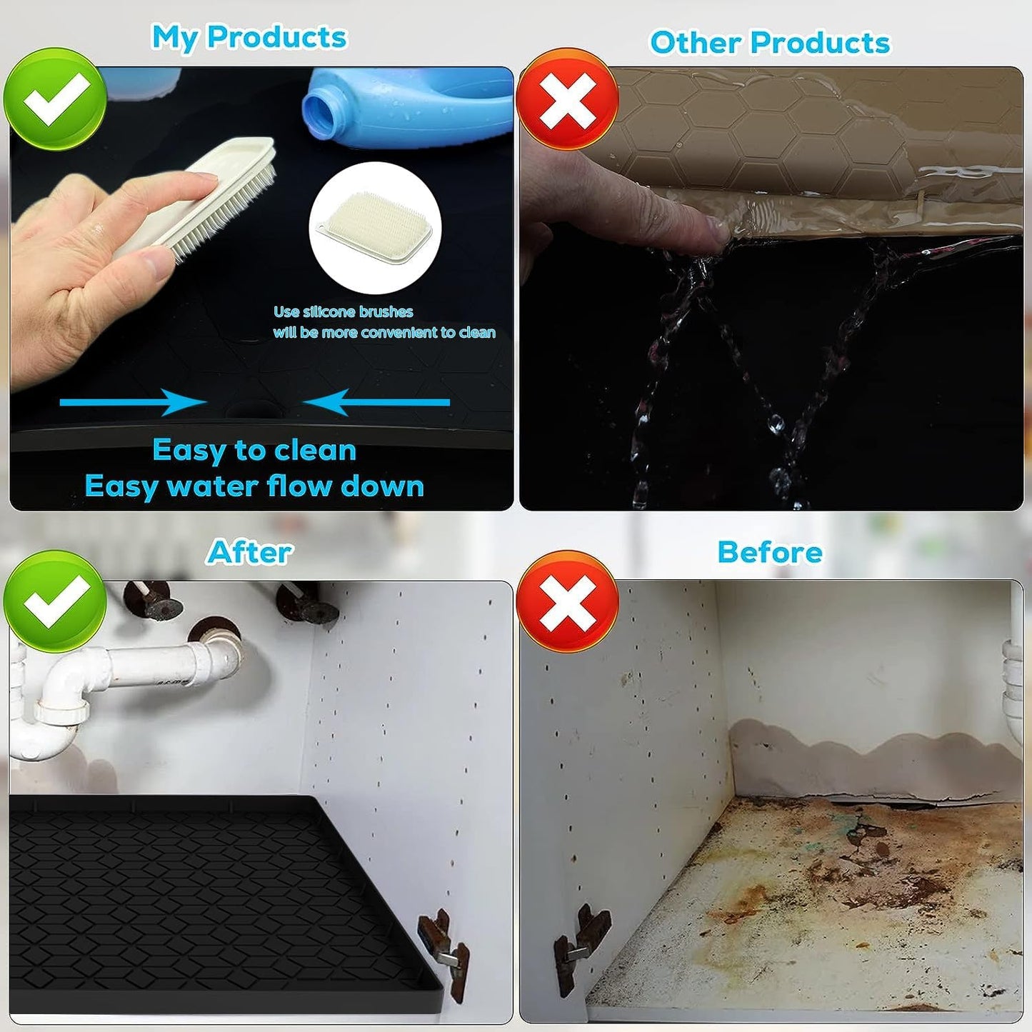 Under Sink Mat, 19"x22" Under Sink Mats for Kitchen, Silicone Waterproof Under Sink Liner, Sink Cabinet Organizer Tray with Drain Hole (Black, 19X22)