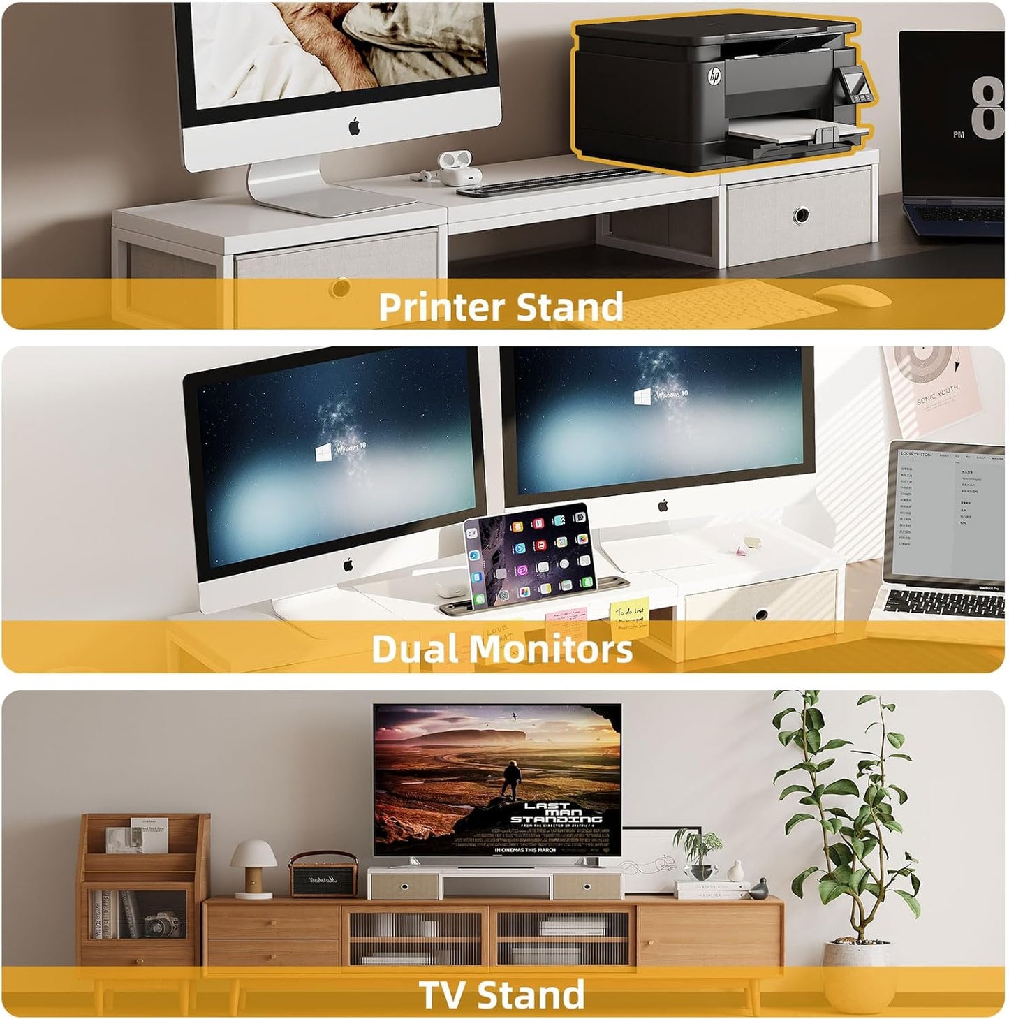 Mexin Dual Monitor Stand Riser with 2 Drawers - 39Inch Large Storage Computer Monitor Stands for 2 Monitors, Wooden Desktop Organizer Perfect for Home Office Desk, Computer, Laptop, TV, White