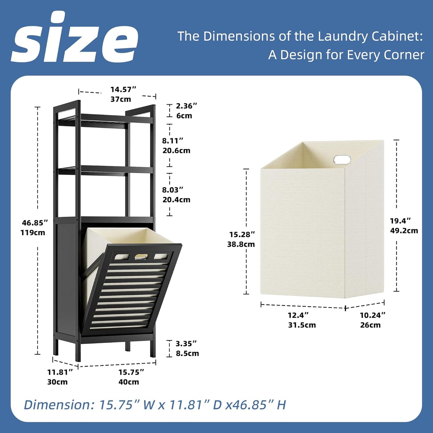 HITNET Tilt Out Laundry Hamper, Bamboo Bathroom Cabinet with Pull Out Removable Bag and 3 Tier Storage Shelves, 8.5 Gallon Clothes Basket with Metal Handle, Black