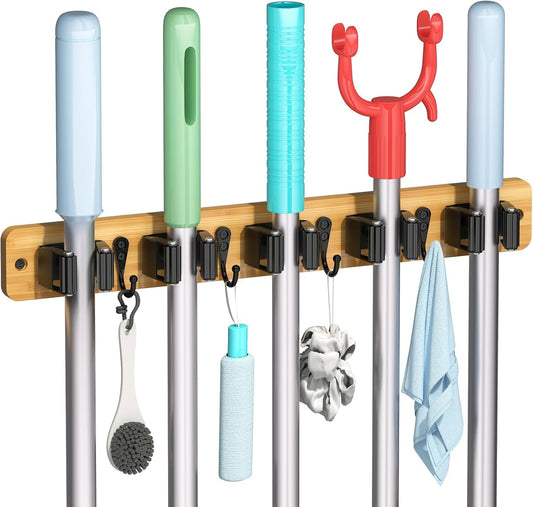 IMILLET Broom Holder Wall Mount, Bamboo Broom Hanger with 5 Racks 4 Hooks, Mop and Broom Holder Wall Mount Self Adhesive, Home Organization and Storage for Laundry Room, Closet, Utility Room