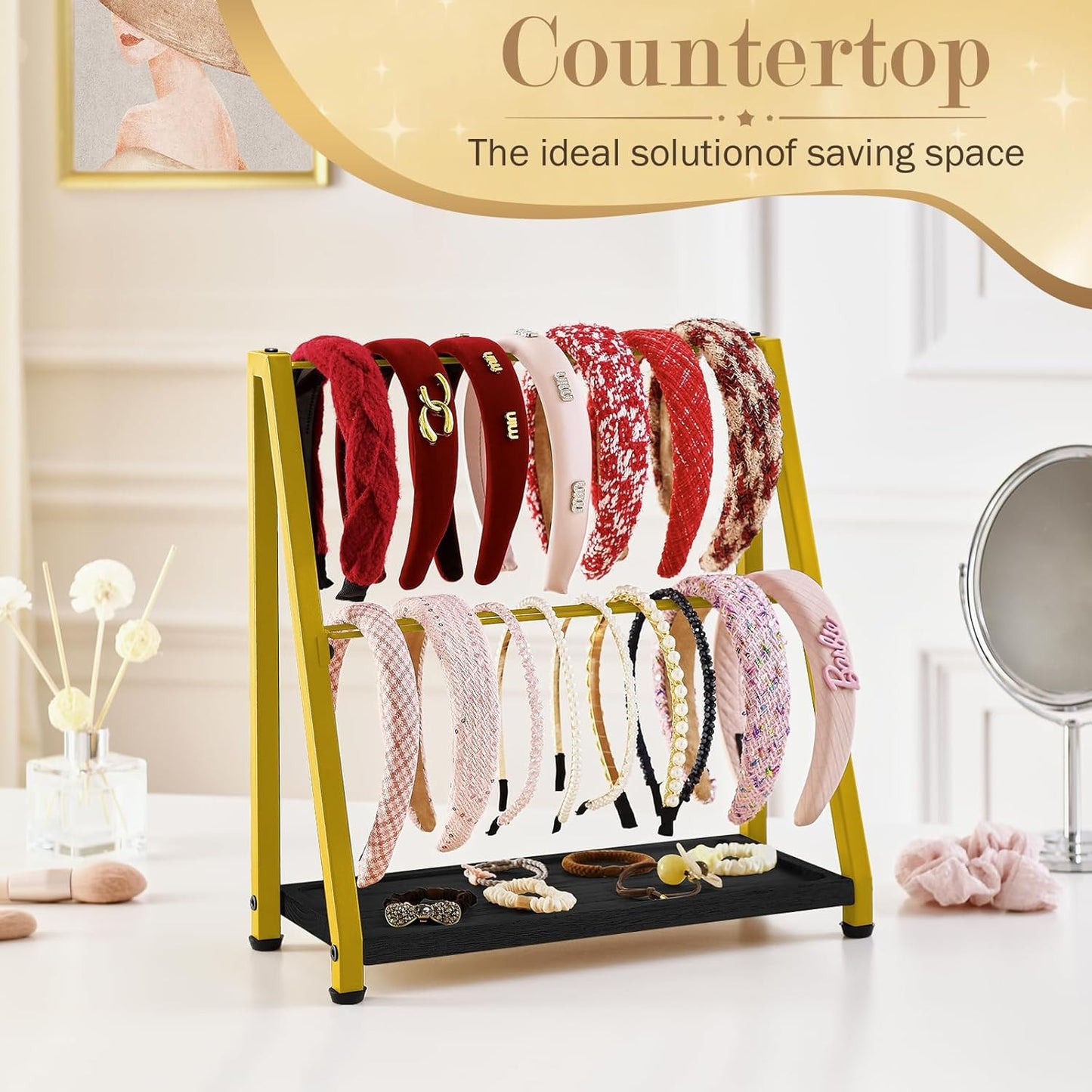 Headband Holder Organizer Metal 2-Tier Display Stand for Selling, Home Bedroom Headband Storage for Girls Women, Headband Stand Wood Base Can Store Hair Ties