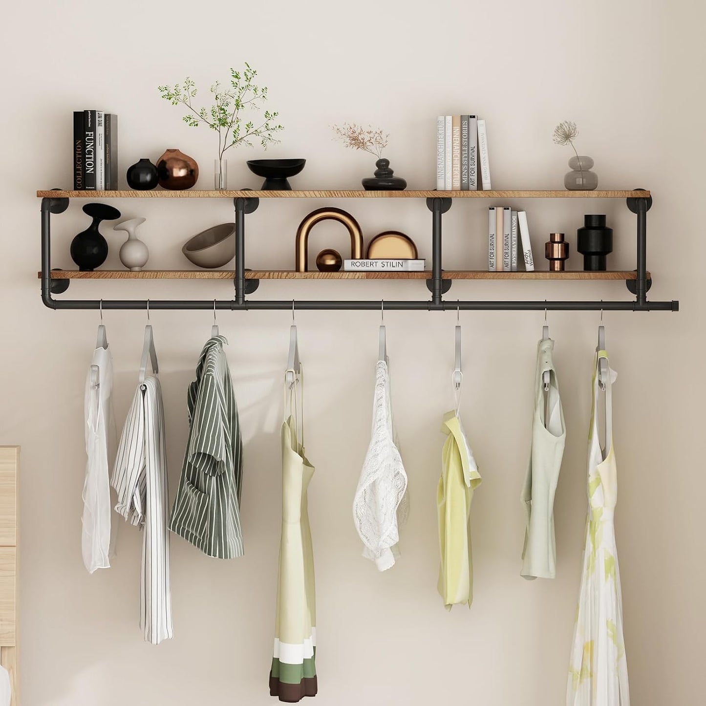 ORSENIGO Industrial Pipe Clothing Rack with Shelves, Black Wall Mounted Clothes Rack Heavy Duty Display Garment Rack for Home Retail
