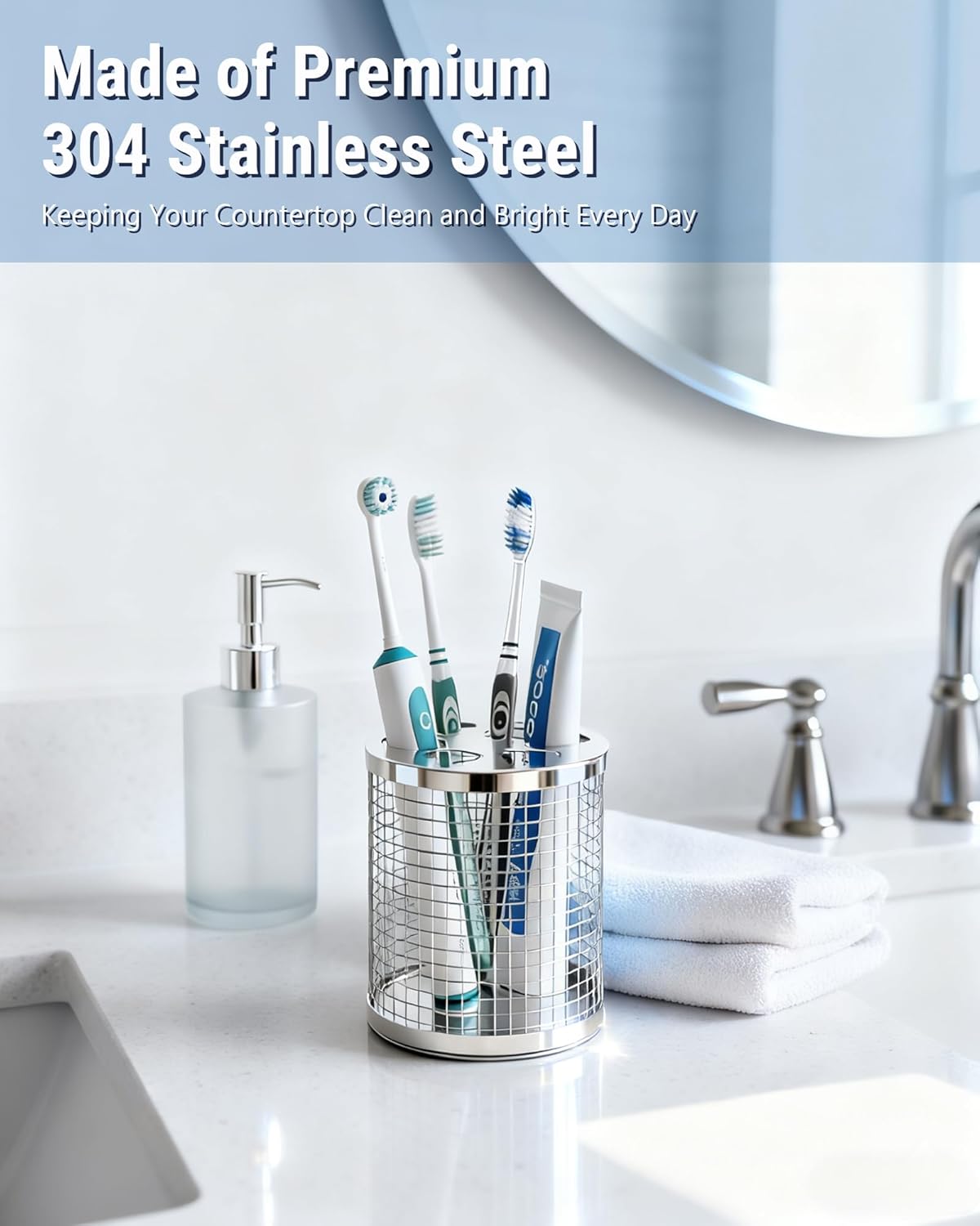 Toothbrush Holder Stand for Bathroom, 304 Stainless Steel Ventilated Organizer for Countertop with Slots for Electric Toothbrushes & Toothpaste, Family Size Tooth Brush Holder