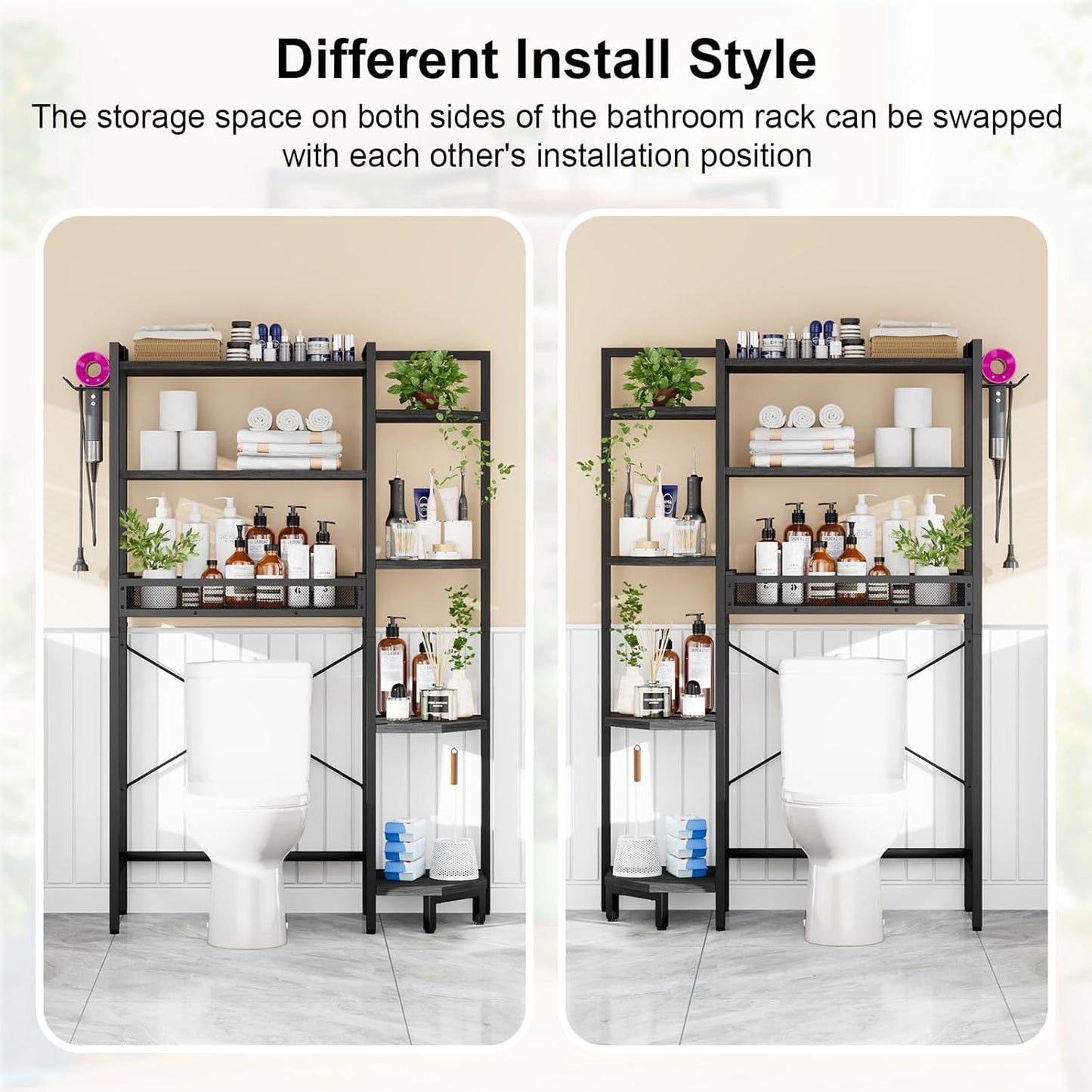 K1 Heavy Duty 7-Tier Over The Toilet Storage（with Basket and Paper Hook） Freestanding Above Toilet Shelf with Adjustable Feet，Space Saver Bathroom Shelves 9.3" D x 33.5" W x 63.8" H，Black