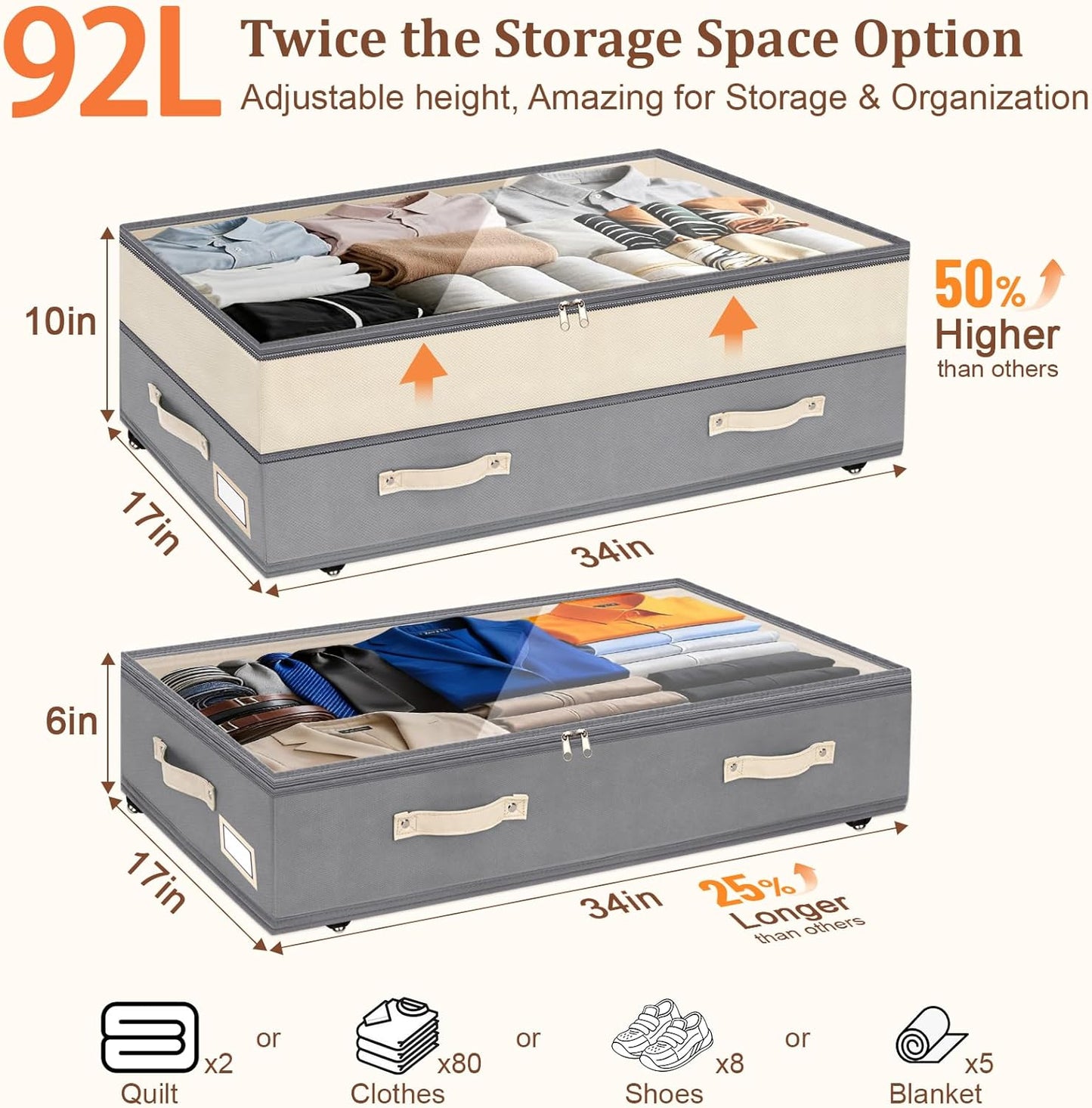 Dolicer 4 Pack Under Bed Storage with Wheels, 6in-10in Height Adjustable Underbed Storage Containers, 92L XXXL Under Bed Drawers Rolling Bin with Clear Lids for Dorm Shoes Clothes Organizers(Grey)