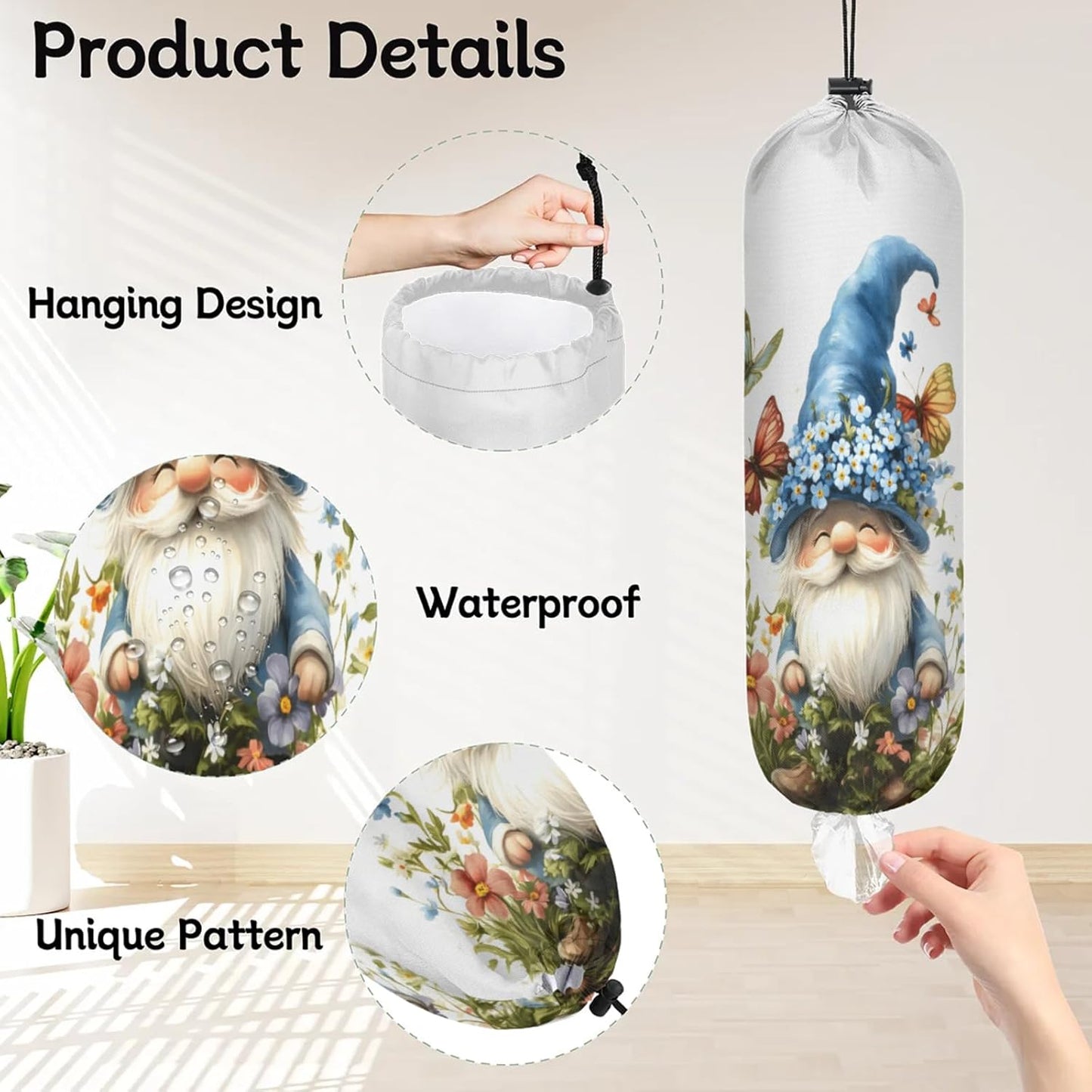Flowers Butterfly Gnome Plastic Bag Holder 2 Pcs Grocery Bag Organizer Reusable Trash Bags Organizer Wall Mount Washable Kitchen Dispenser Holders with Drawstring Closure