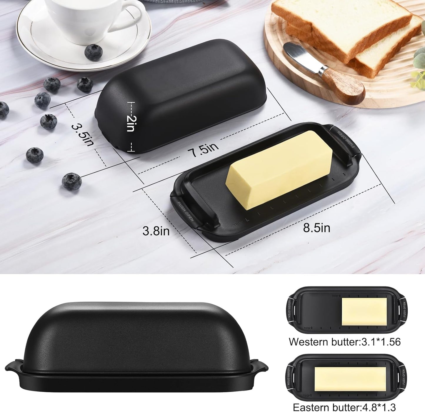AONCO Butter Dish with Lid, Butter Container Holds for Countertop, Unbreakable Butter Keeper for Home Kitchen Decor, Perfect for East/West Coast Butter, BPA-free, Microwave/Dishwasher Safe (Black)