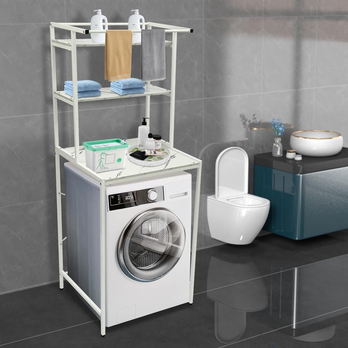Over Washer and Dryer Shelves,Dryer Storage Shelf,3 Tiers Laundry Room Storage and Organizer Standing Shelf,Height Adjustable Laundry Room Shelves, Load-bearing Capacity 22lbs (White 3 Tiers)
