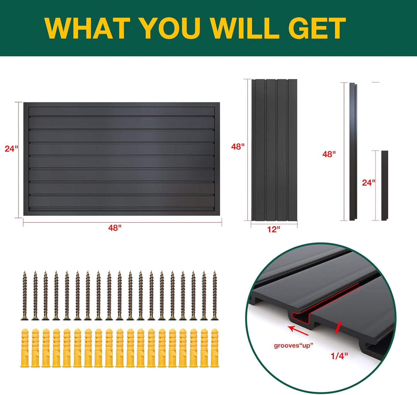 Yuzzy Slat Wall Paneling 2 x 4ft, Garage Slatwall Panel Wall Storage Systems, Heavy Duty PVC Garage Wall Organization (Black)