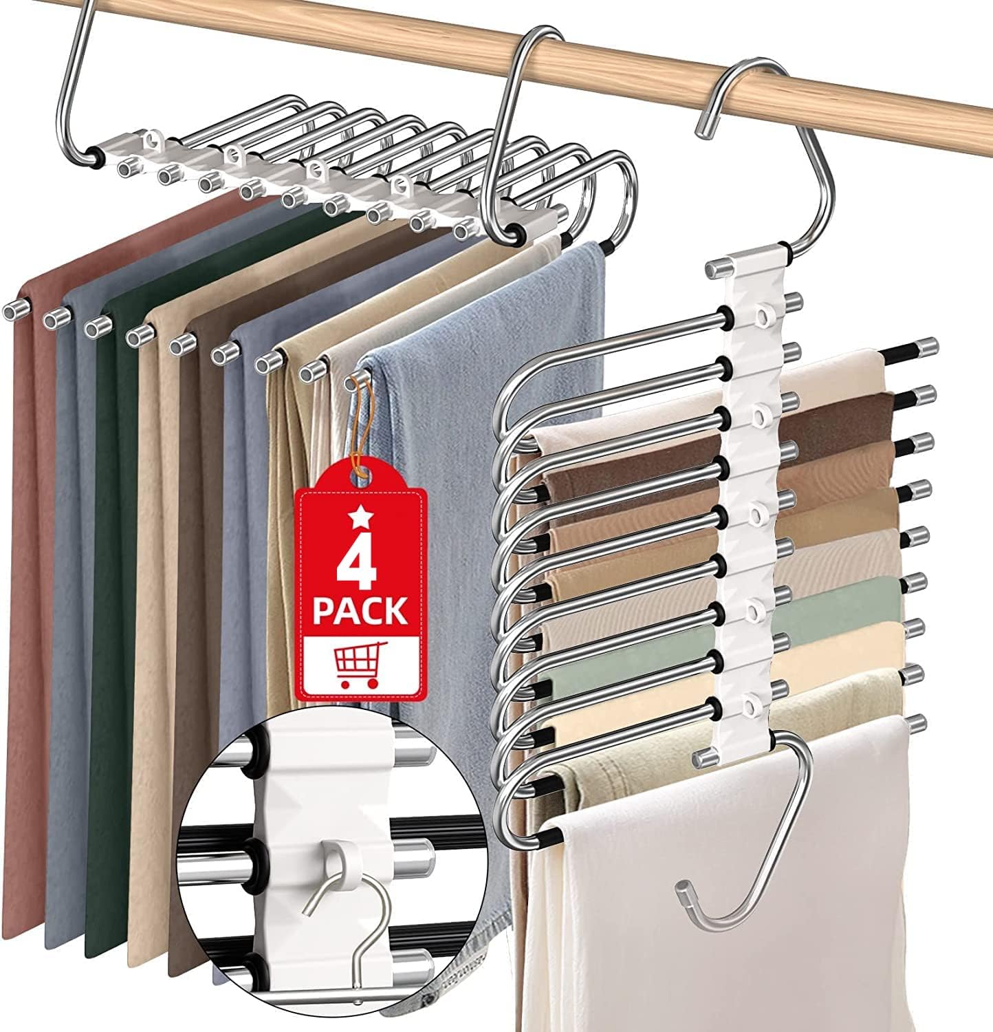 Upgrade 9 Layers Pants Hangers Space Saving, Non Slip Stainless Steel Multifunctional Pants Rack S-Type Clothes Pant Closet Hanger Organizer for Pants Jeans Trousers Scarf Skirts(4 Pack, Antiquewhite)