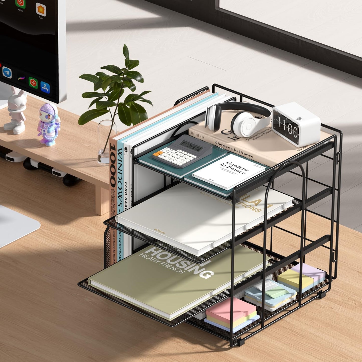 Desk Organizer, 4-Tier Metal Paper Organizer for Desk with Vertical File Holder, Office Accessories and Desktop Storage for Office Supplies (Black)