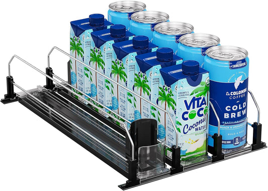 Puricon Drink Organizer for Fridge Pusher Glide, Spring Loaded Fridge Drink Dispenser, Self Pushing Soda Can Organizer for Refrigerator, Beer Bottle Beverage Organizer Drink Holder -3 Rows, Black