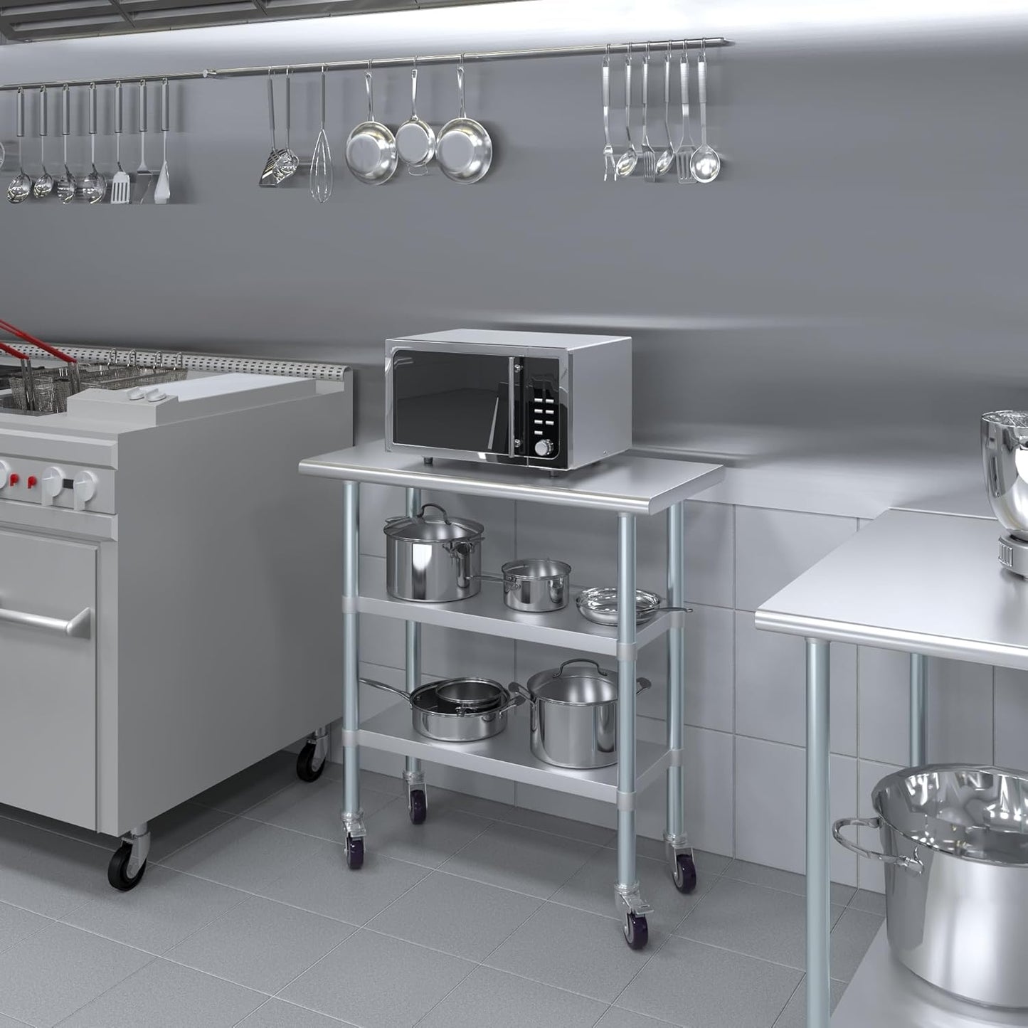 AmGood Stainless Steel Work Table with 2 Shelves and Casters | Metal Utility Table On Wheels (Stainless Steel Work Table with 2 Shelves + Casters, 36" Long x 18" Deep)