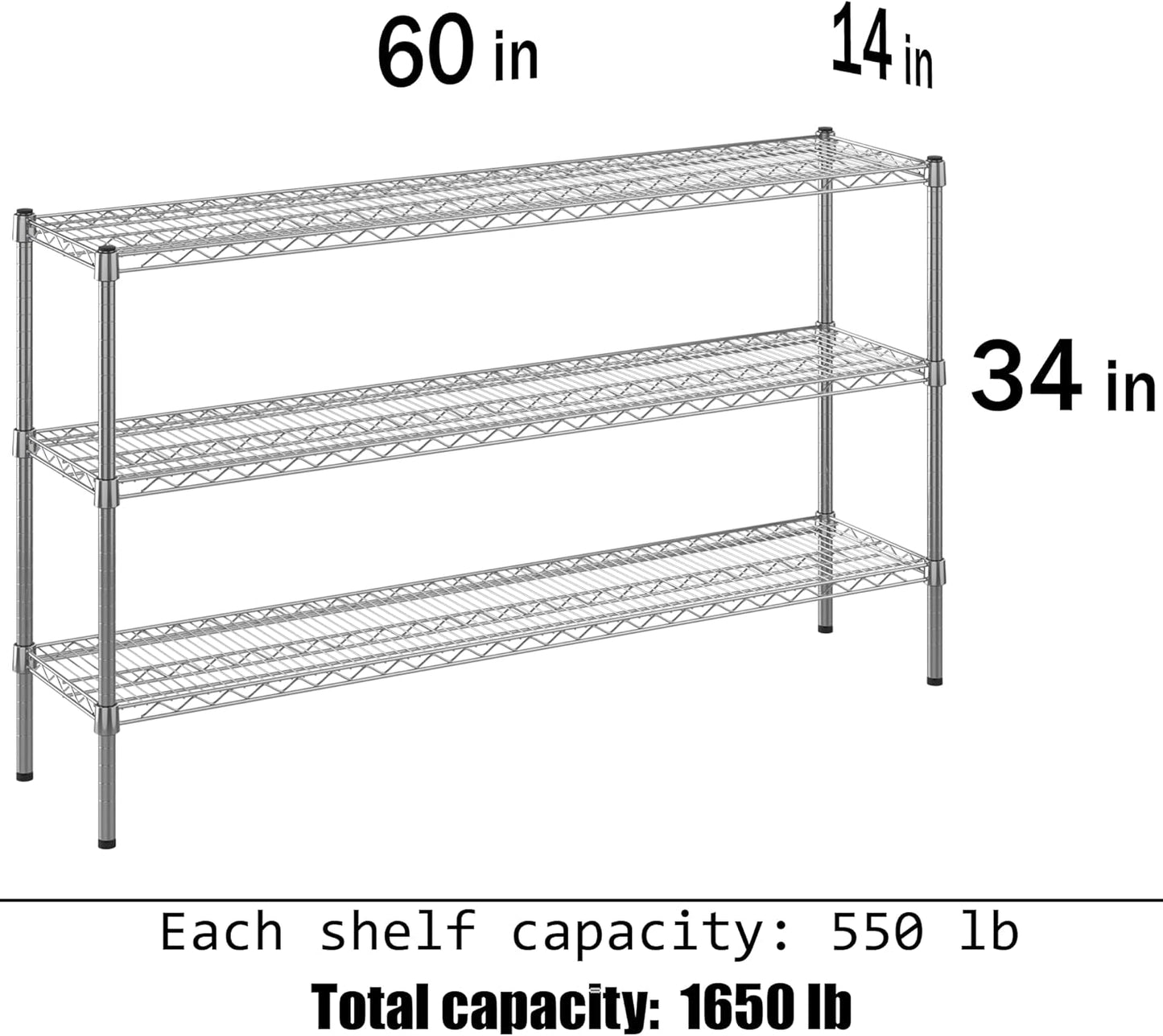 14" Deep x 60" Wide x 34" Height Wire Shelving Kit | 3-Tier | NSF Commercial Storage Rack Unit