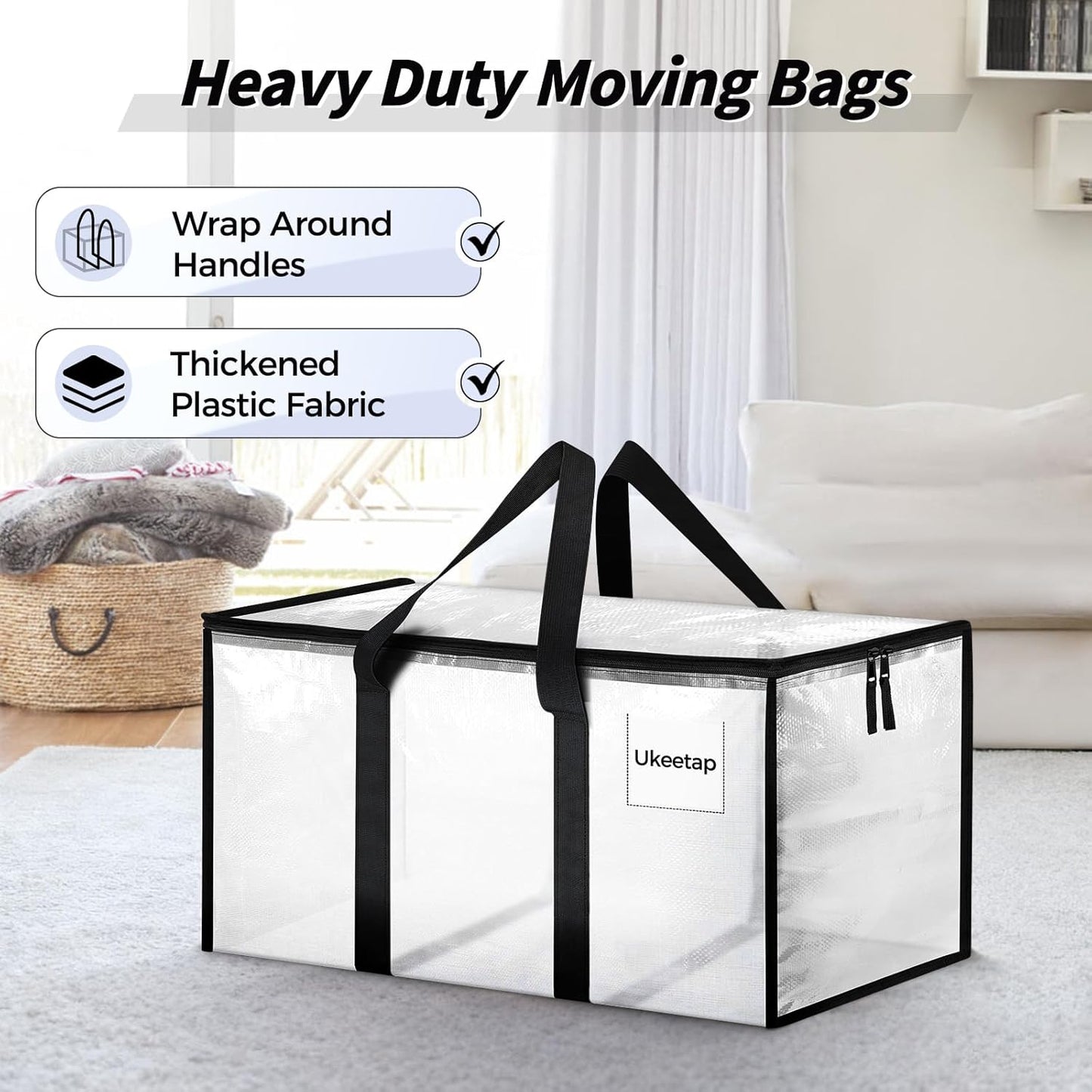 16 Pack Extra Large Heavy Duty Moving Bags, Clear Storage Bins with Lids, Reinforced Handles & Heavy-Duty Zippers Moving Boxes Storage Bags Totes for Clothes Packing, Dorms, College Supplies, Clear