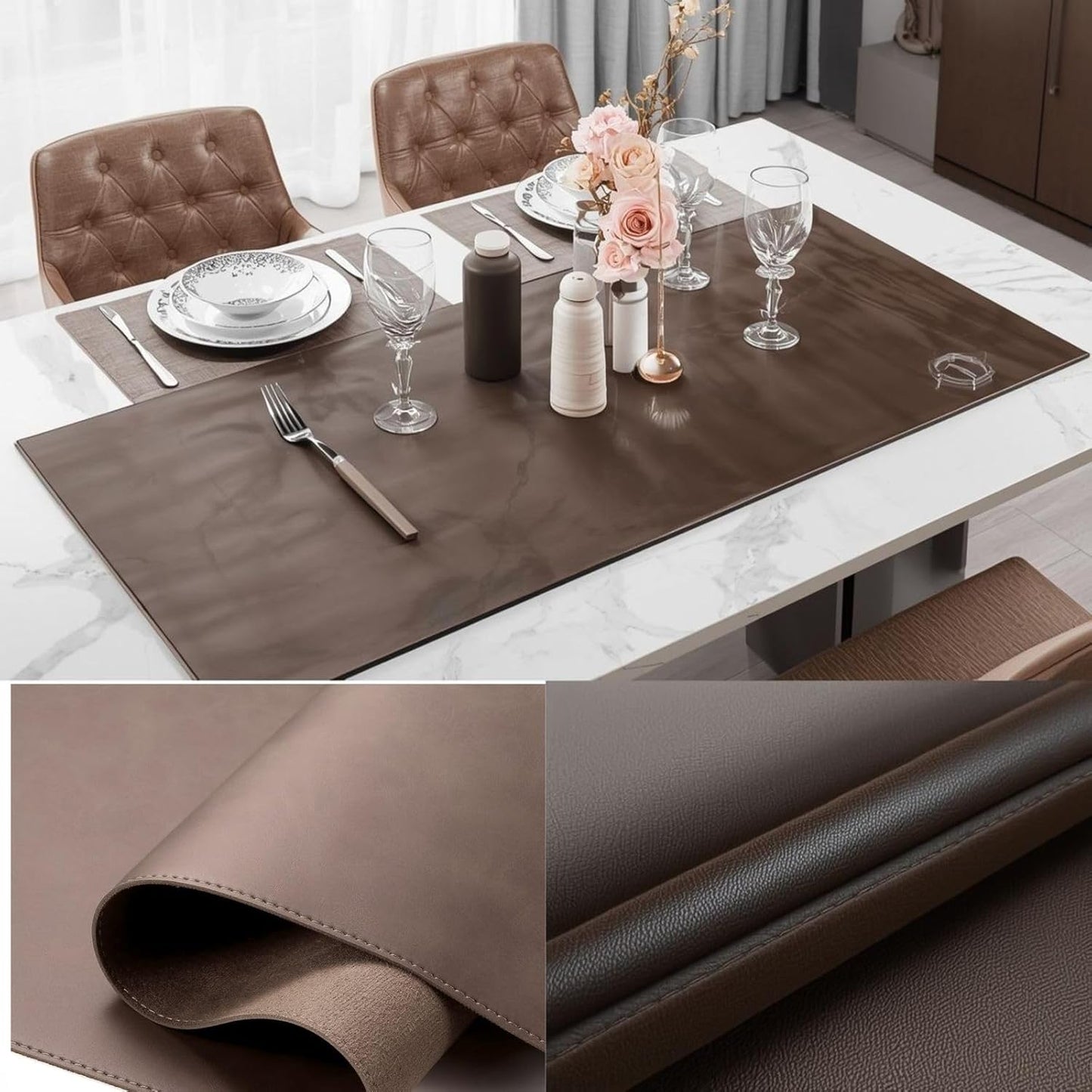 Premium Genuine Leather Desk Mat 31.5" x 15.8" Thick Office Desk Pad with Stitched Edges, Non Slip Rubber Base Large Laptop & Writing Table Pad (Dark Brown)