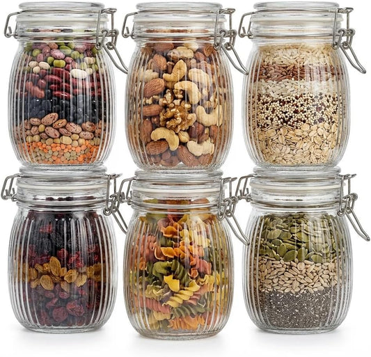 25oz Airtight Glass Jars with Lids, Set of 6 Food Storage Containers & Canisters, Clear Mason Jars with Clamp Seal for Canning, Cereal, Coffee, Pasta, Sugar, Beans & Spices