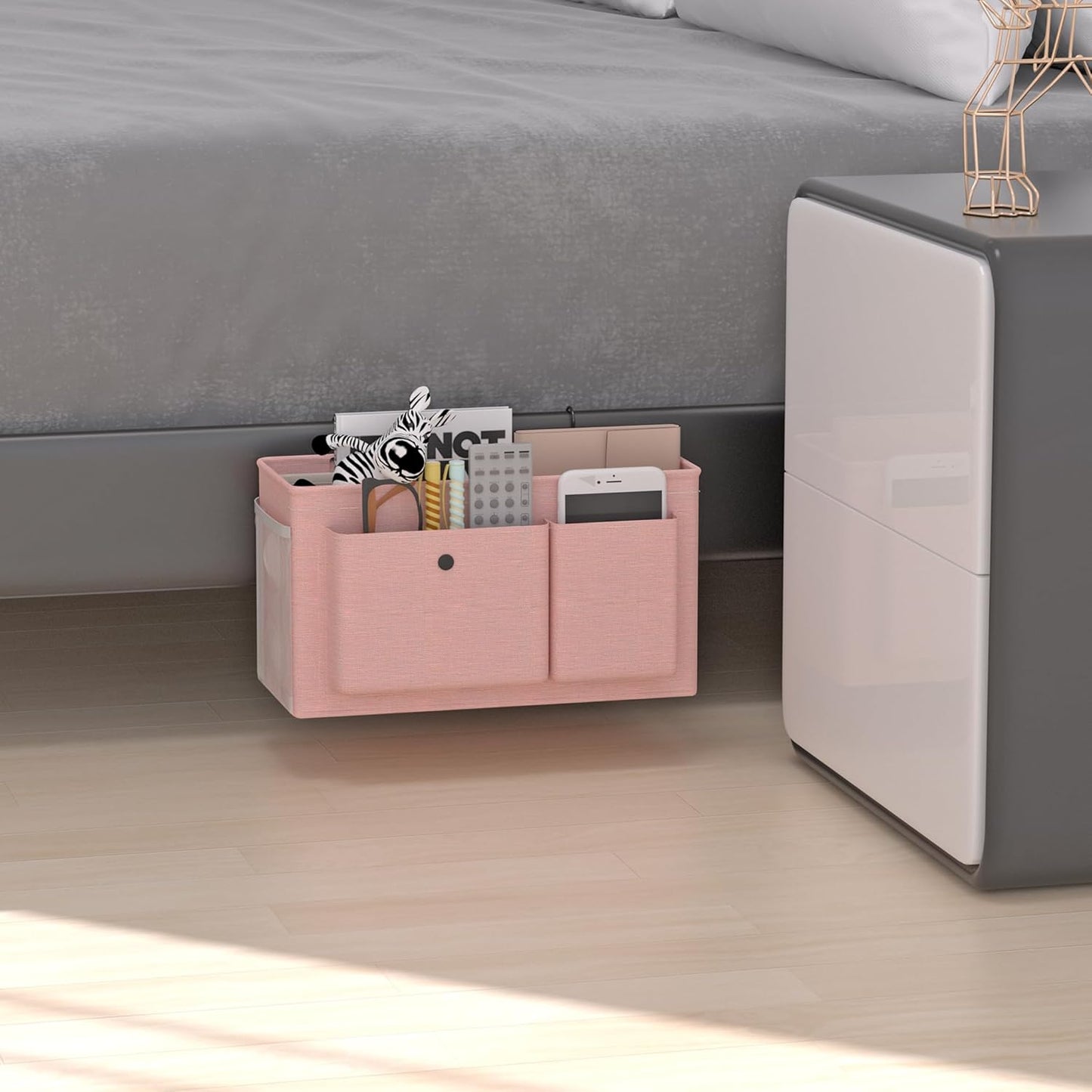 Bedside Caddy Bedside Organizer with Fixed Straps & Water Bottle Holder, Bunk Bed Caddy ideal for Home, Dorm, Hospital, Crib, Versatile Bedside Storage Solution (Pink)