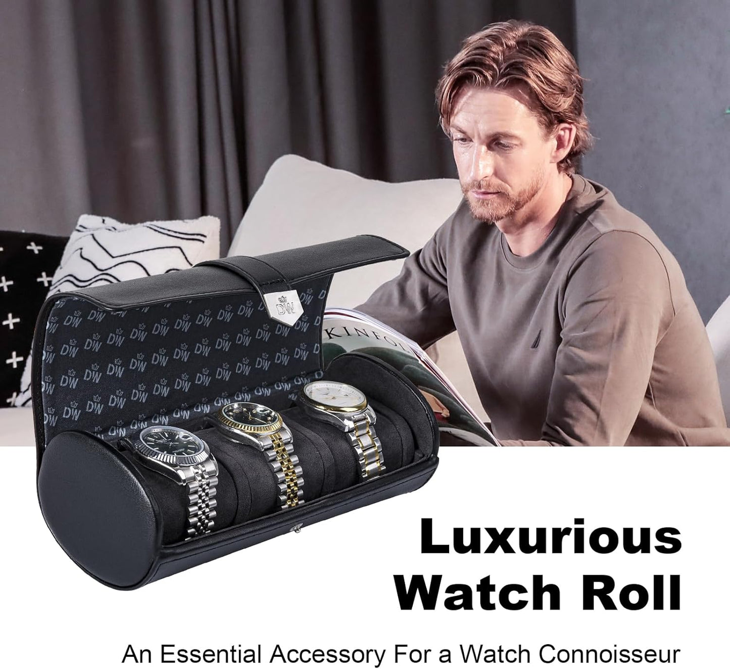DUKWIN Watch Roll for 3 Watches,Vegan Leather Travel Watch Case Organizer with Removable Pillows for Men and Women,Display Case for Watches Collection and Gift for Anniversary Birthday(Black Storage)