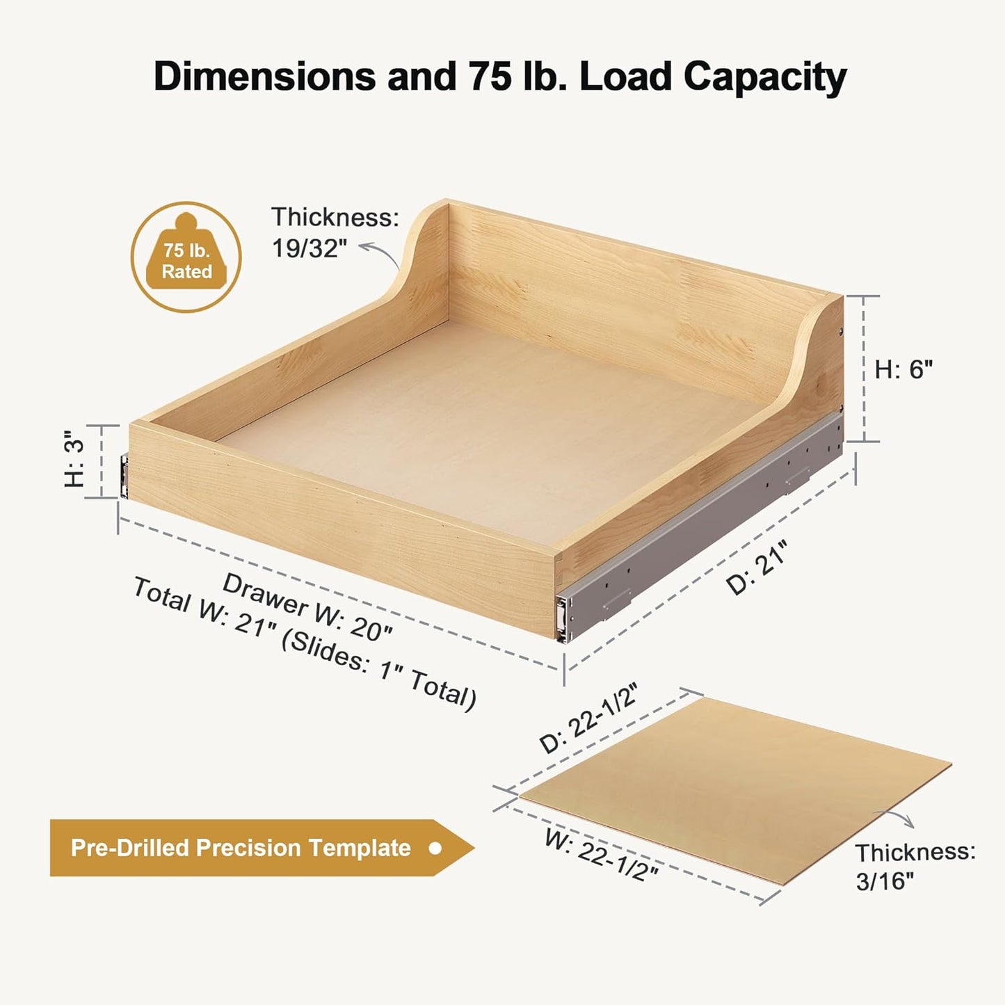 ALINE FURNITURE Birch Pull Out Drawers for Cabinets, 21" W x 21" D x 6" H Soft-Close Slide Out Drawer for Kitchen Cabinets, Pull Out Shelves, Pantry Cabinet Organizer, with Pre-Drilled Wood Template