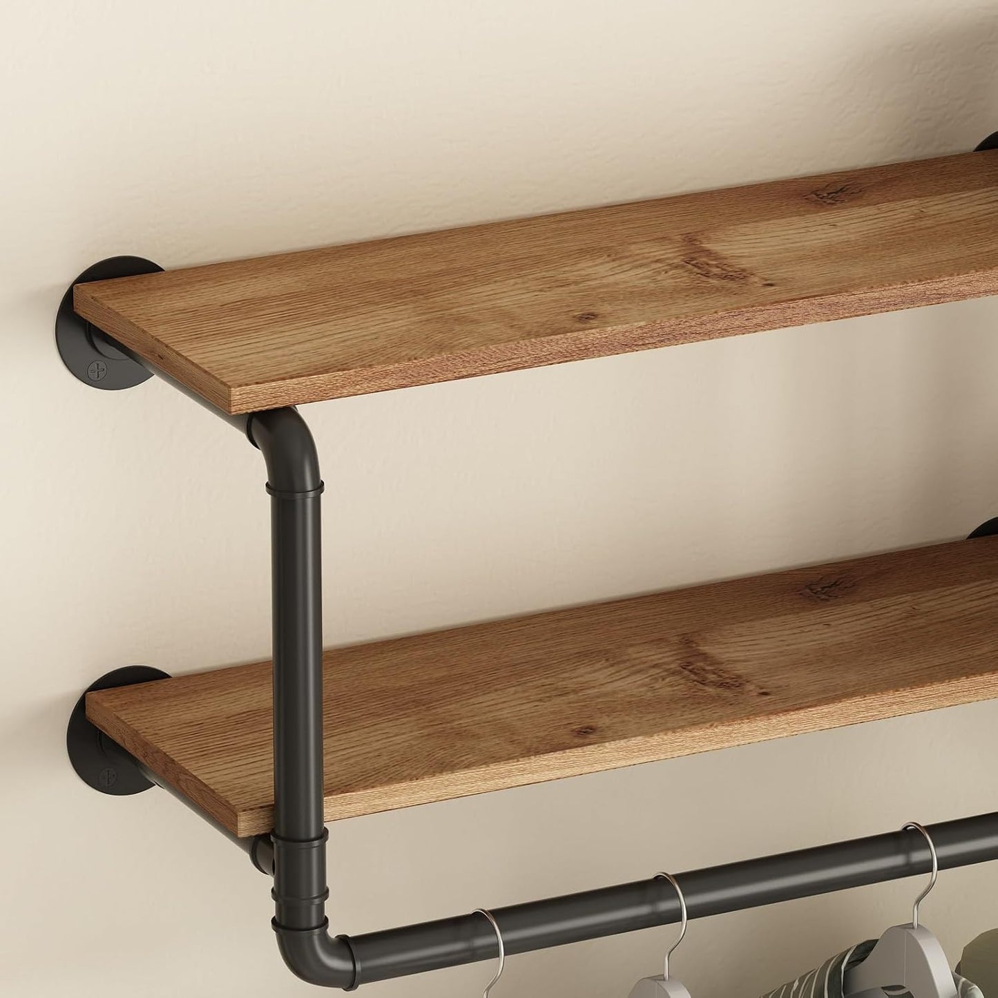 ORSENIGO Industrial Pipe Clothing Rack with Shelves, Black Wall Mounted Clothes Rack Heavy Duty Display Garment Rack for Home Retail